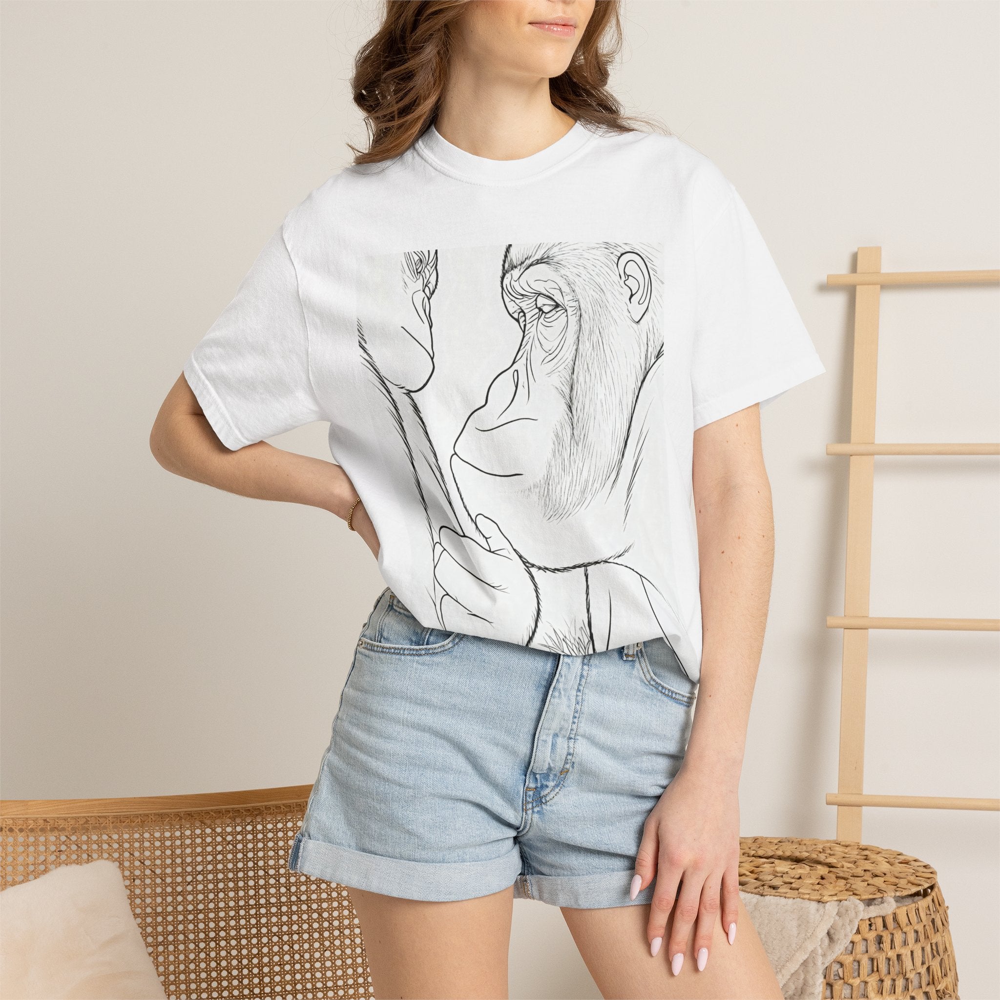 White crewneck T-shirt with black minimalist gorilla portrait sketch print