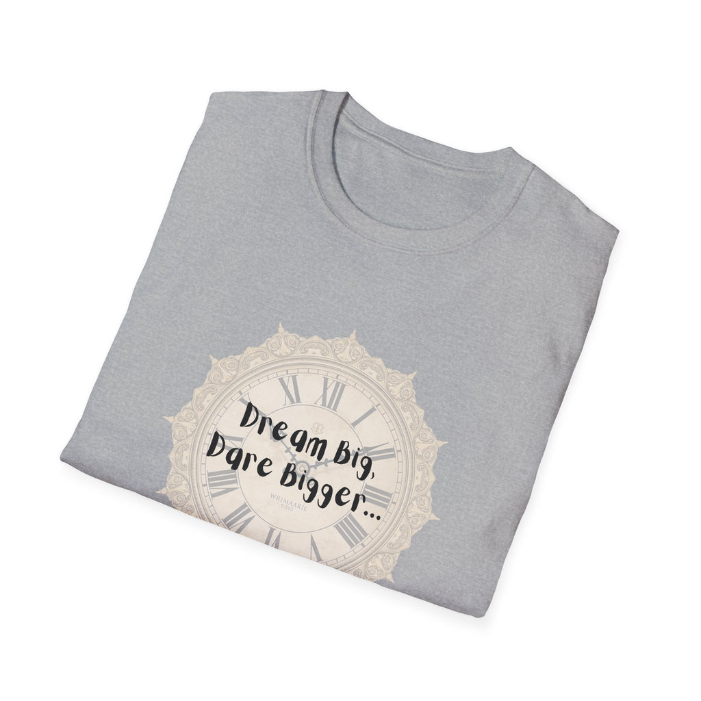 Heather gray T-shirt with beige clock graphic and "Dream Big, Dare Bigger" text