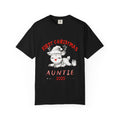 Black Christmas t-shirt with cartoon reindeer and 'Auntie 2025' front graphic