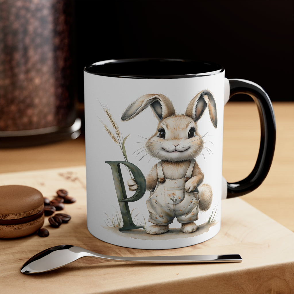 Whimsical Letter P Bunny Accent Mug, Perfect for Easter & Spring Decor, Cute Gift for Rabbit Lovers, Coffee Mug, Tea Cup, Seasonal Drinkware