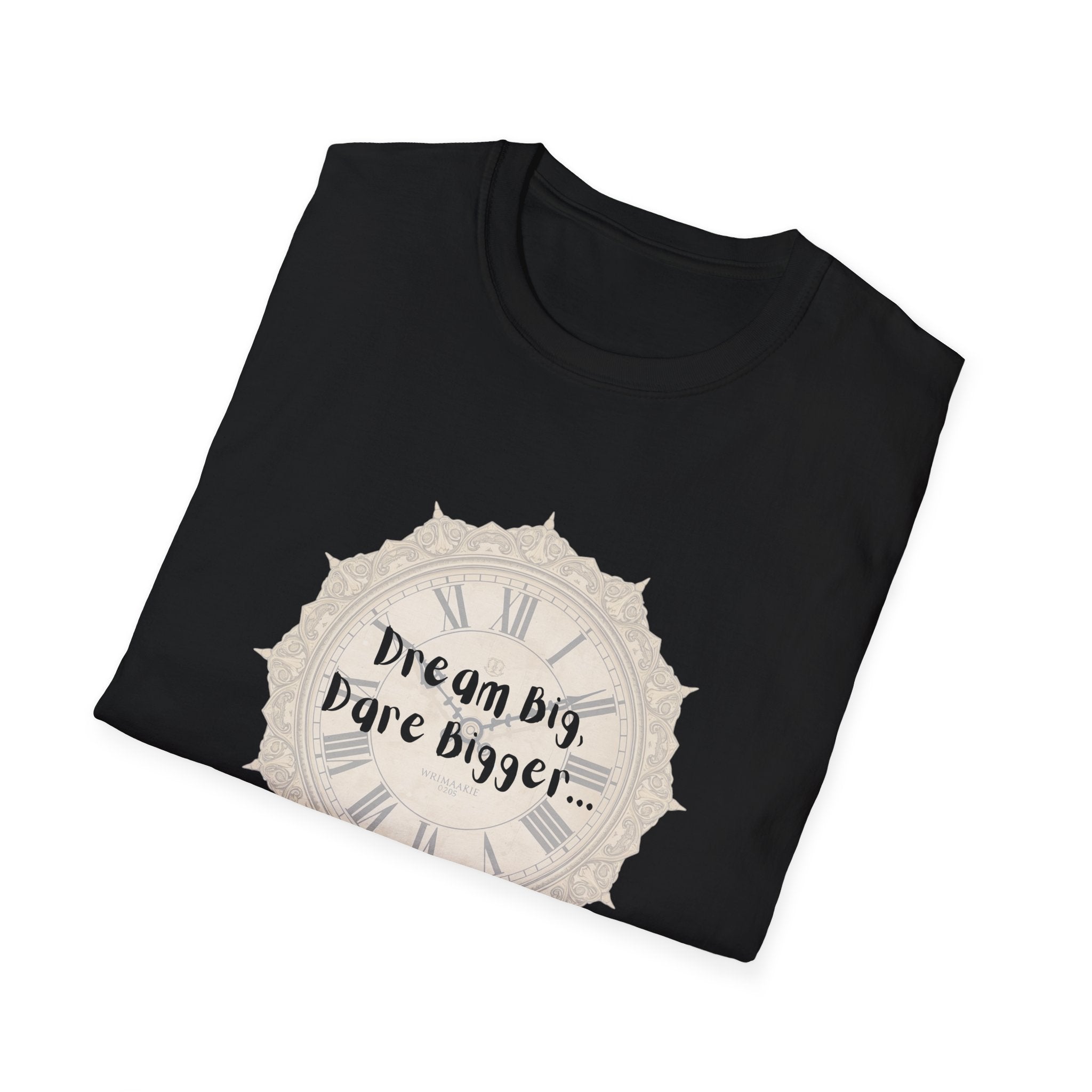 Black crew-neck T-shirt with beige circular “Dream big, ...” graphic print
