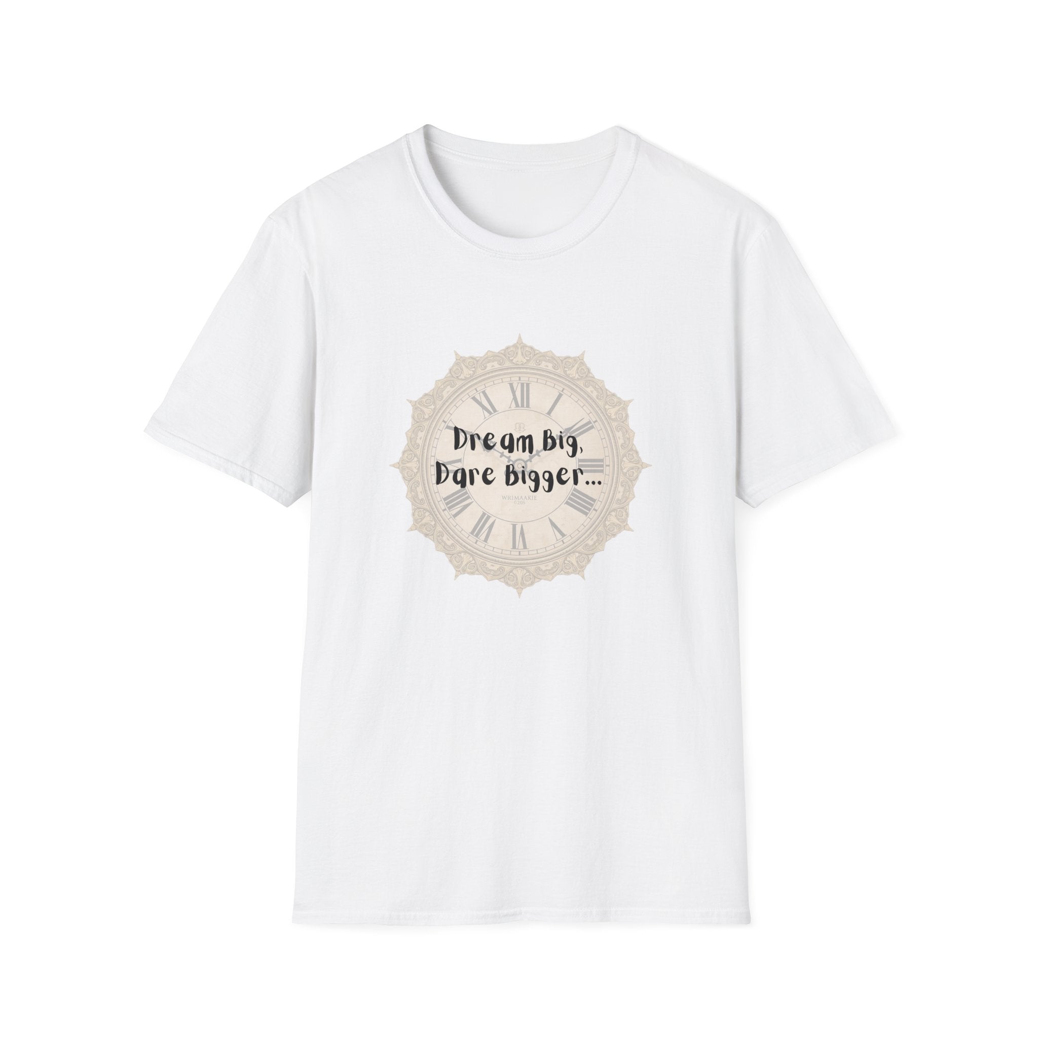 White crewneck short-sleeve T-shirt with beige “Dream big, Dare bigger...” badge graphic