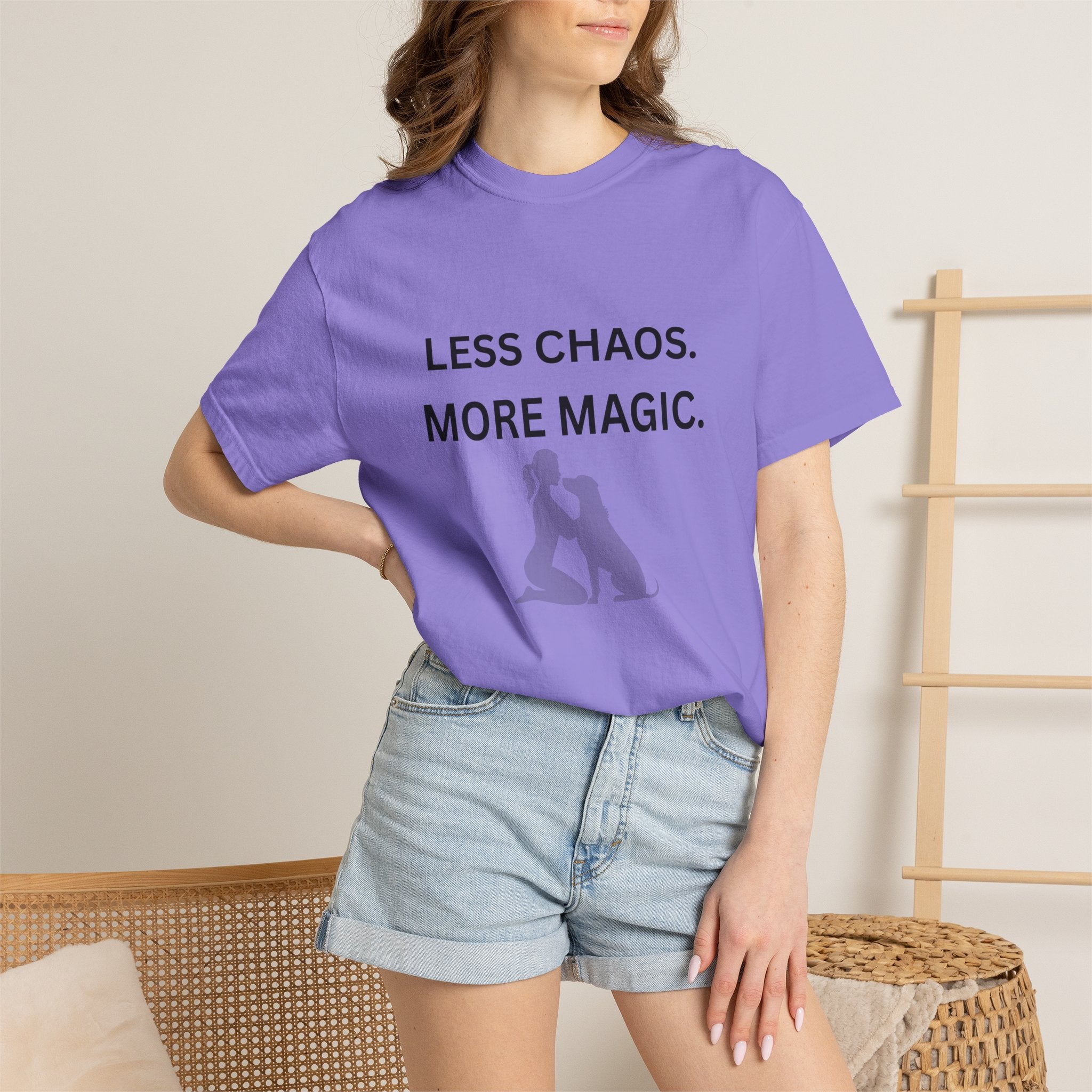 Less Chaos, More Magic T-Shirt — Woman + Dog Silhouette Graphic Tee