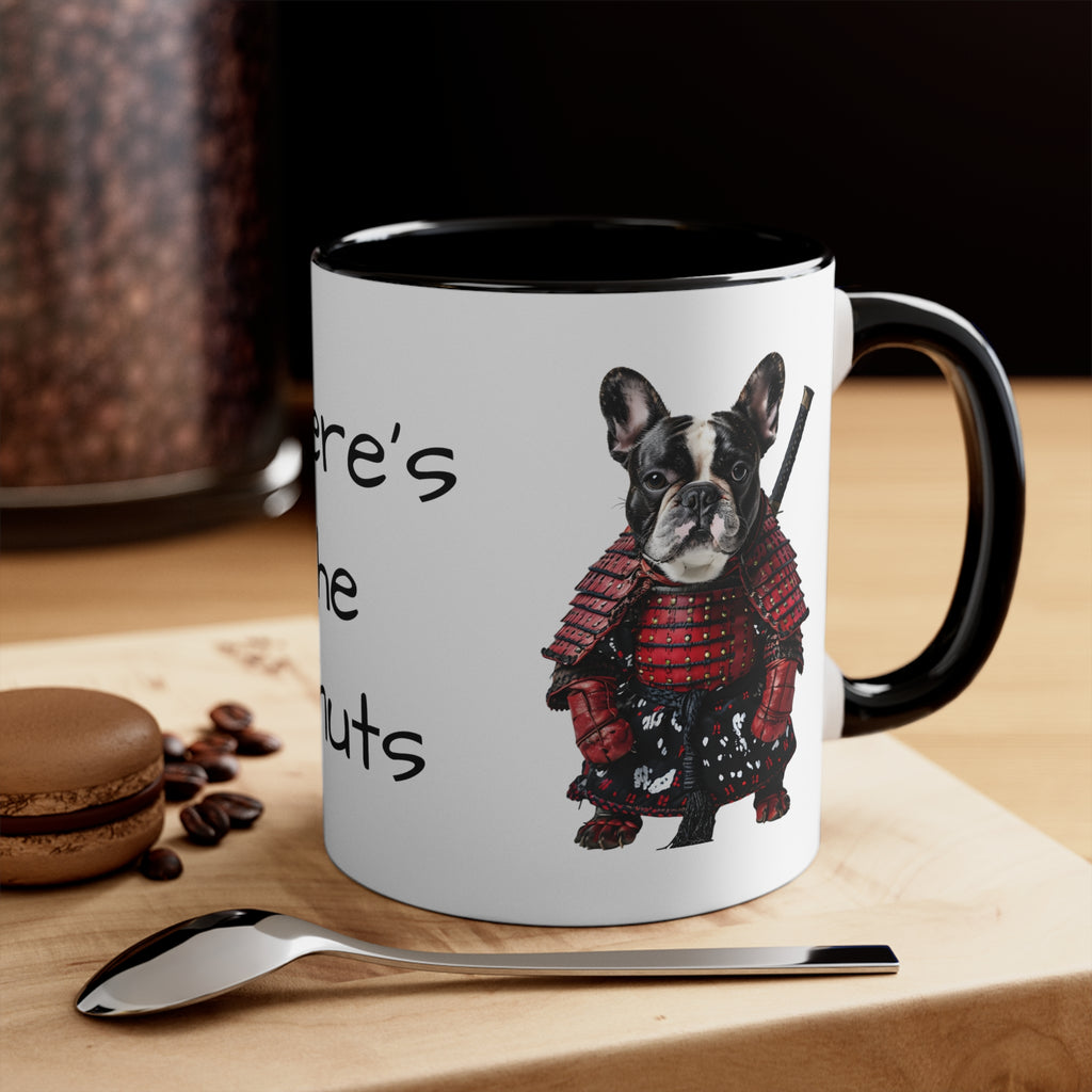French Bulldog in Samurai Outfit Accent Mug Wheres the Donuts Fun Dog Lover and Samurai Fan Gift