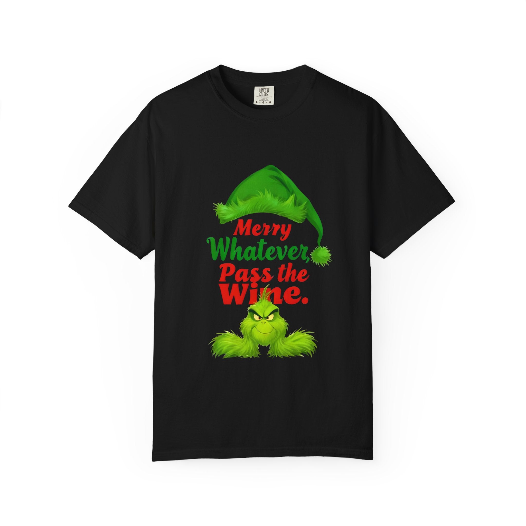 Black T-shirt with green hat character graphic and 'Merry Whatever Pass the Wine' slogan