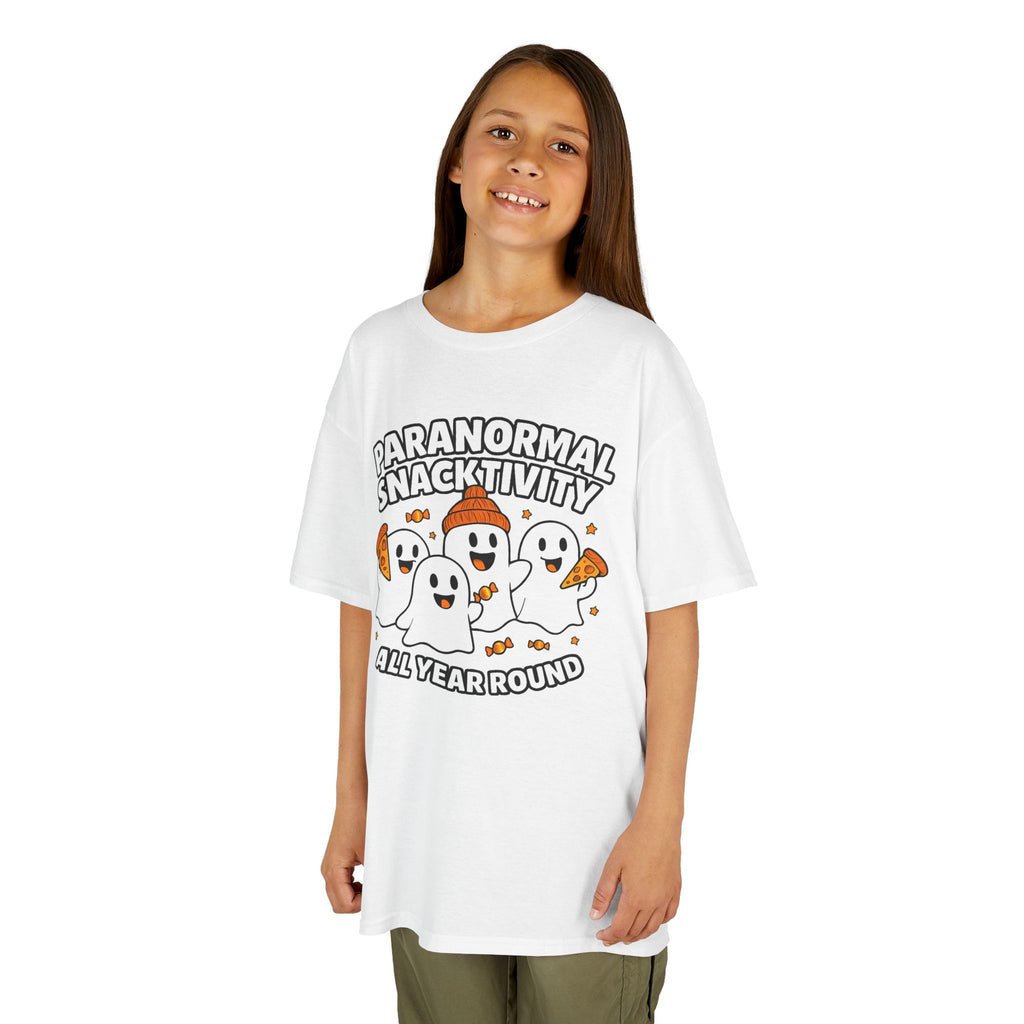 Kids white T-shirt with cute ghost cartoon graphic and 'All Year Round' text