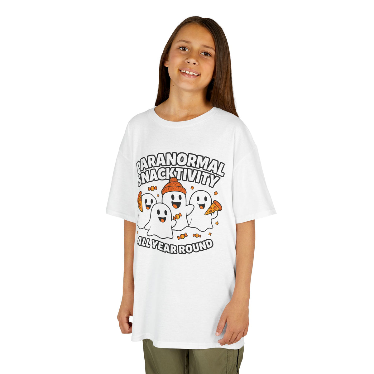Kids white T-shirt with cute ghost cartoon graphic and 'All Year Round' text