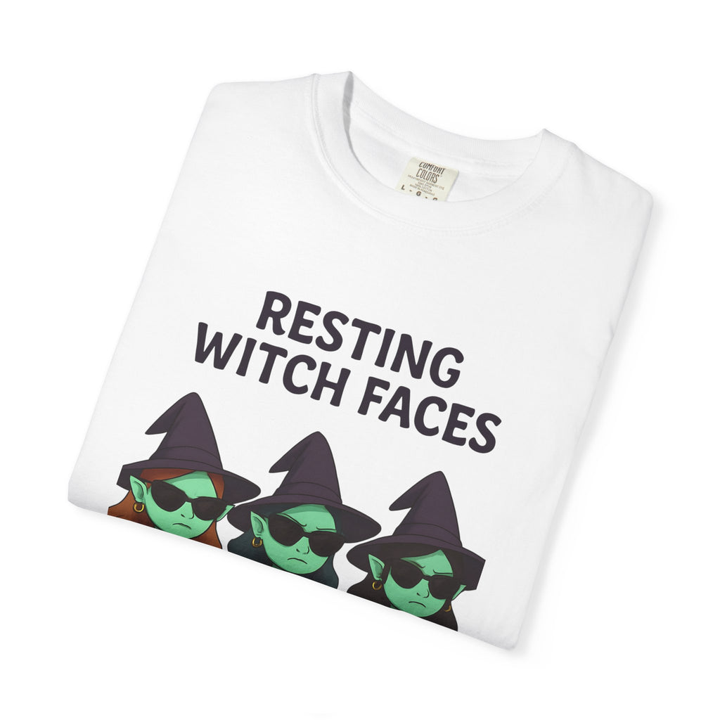 White T-shirt, close-up of “RESTING WITCH FACES” text and witch faces graphic