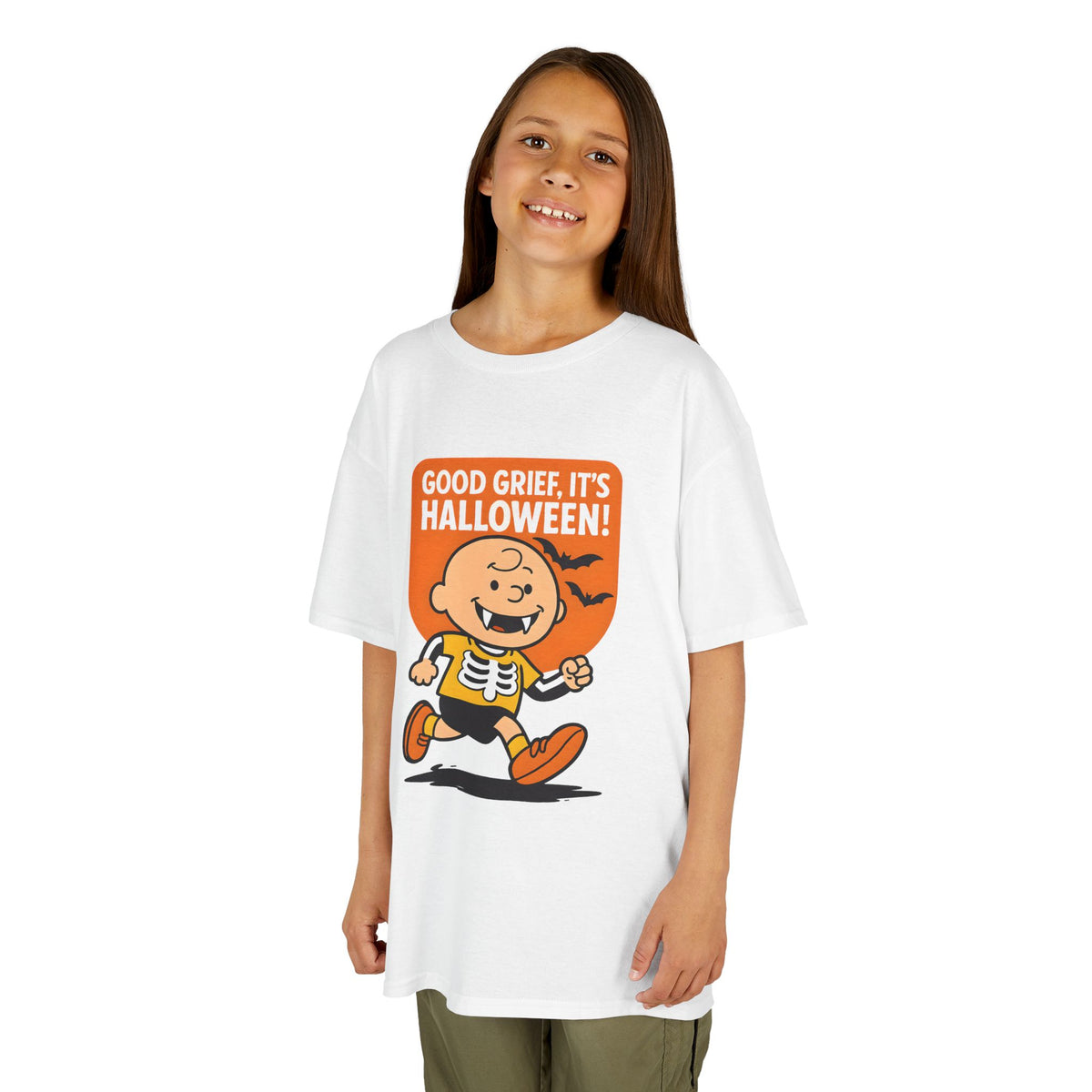 Kids white Halloween graphic tee worn by child, short sleeves, crew neck