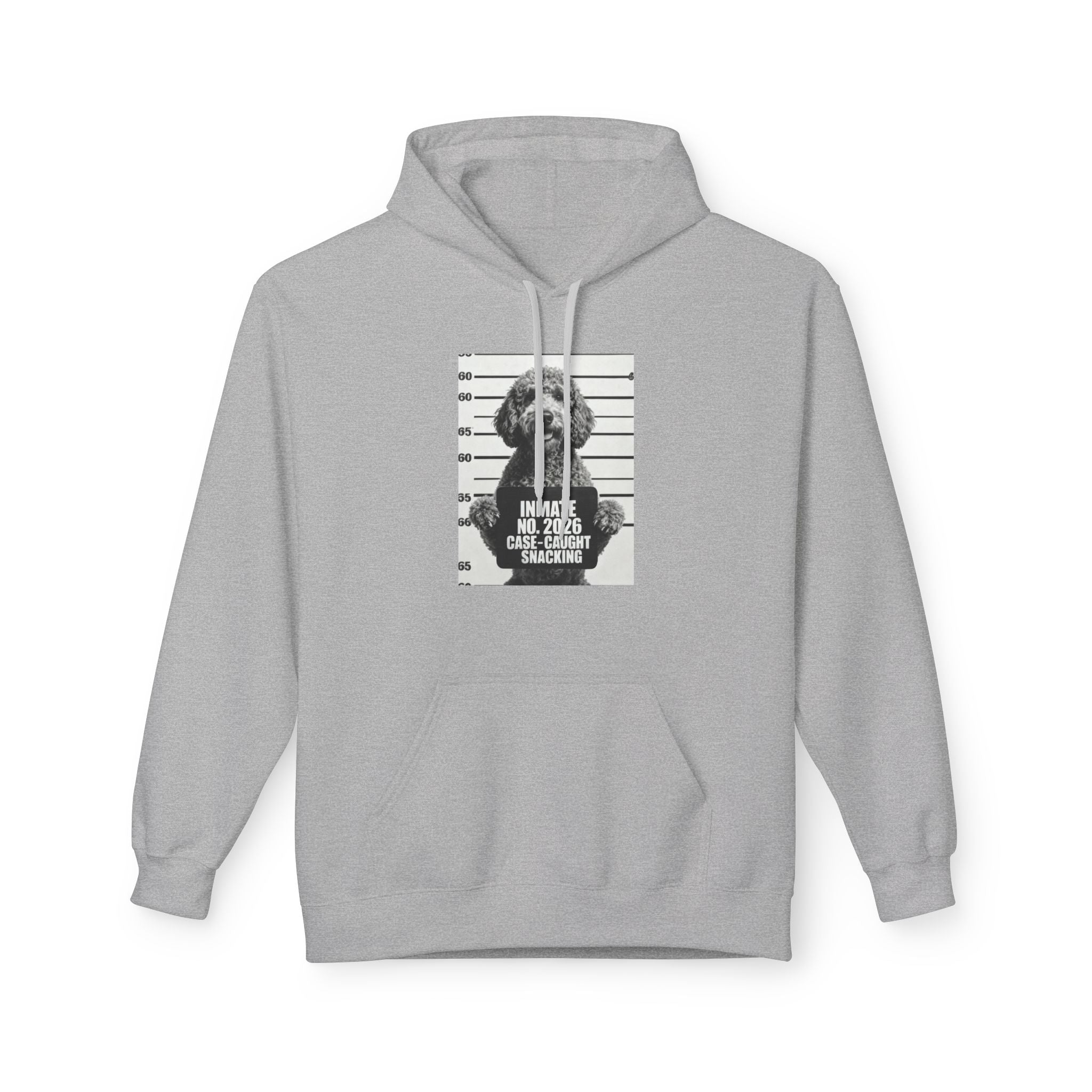 Sport grey hoodie with front pouch pocket, drawstring hood, dog mugshot graphic.