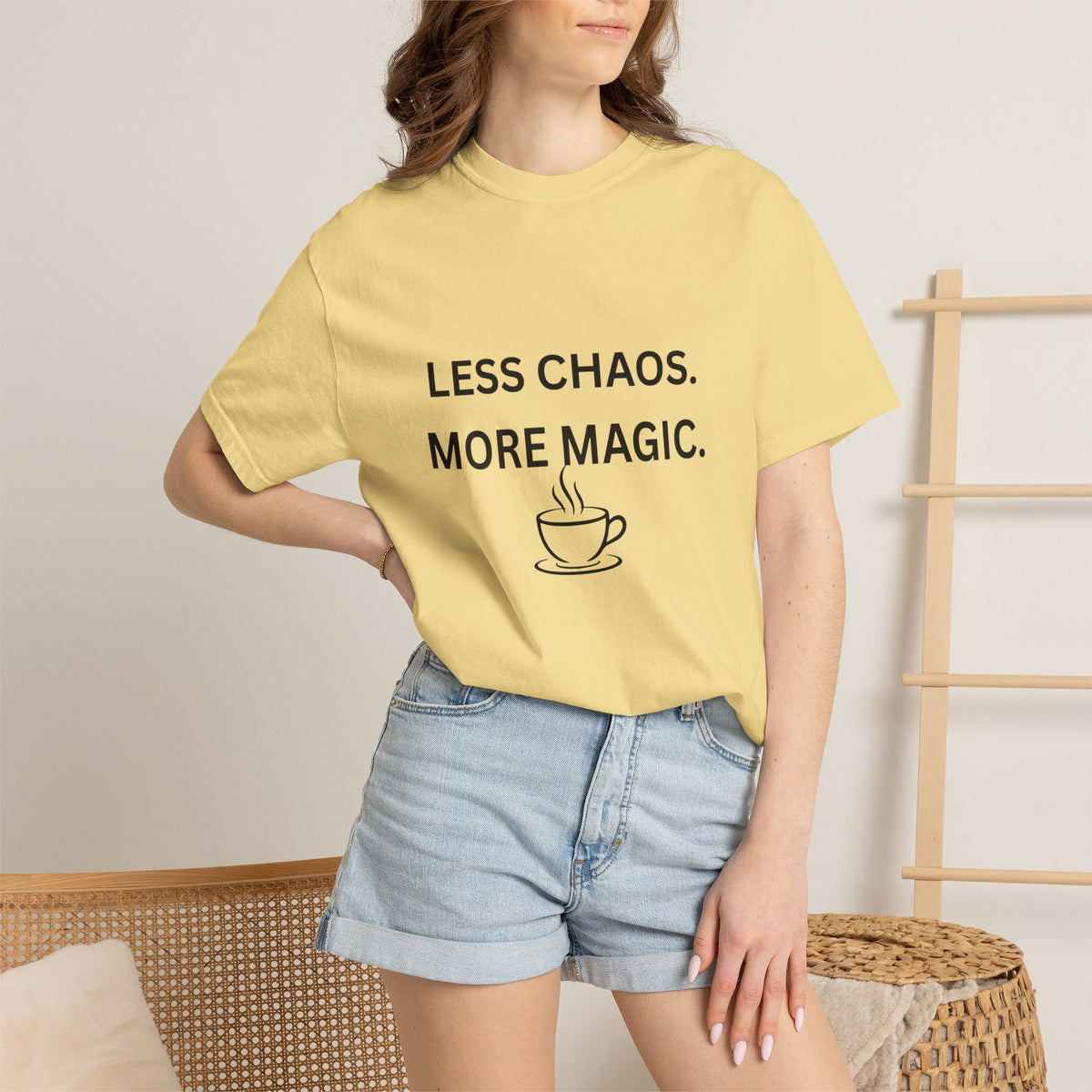 Less Chaos, More Magic T-Shirt — Cozy Coffee Cup Graphic Tee