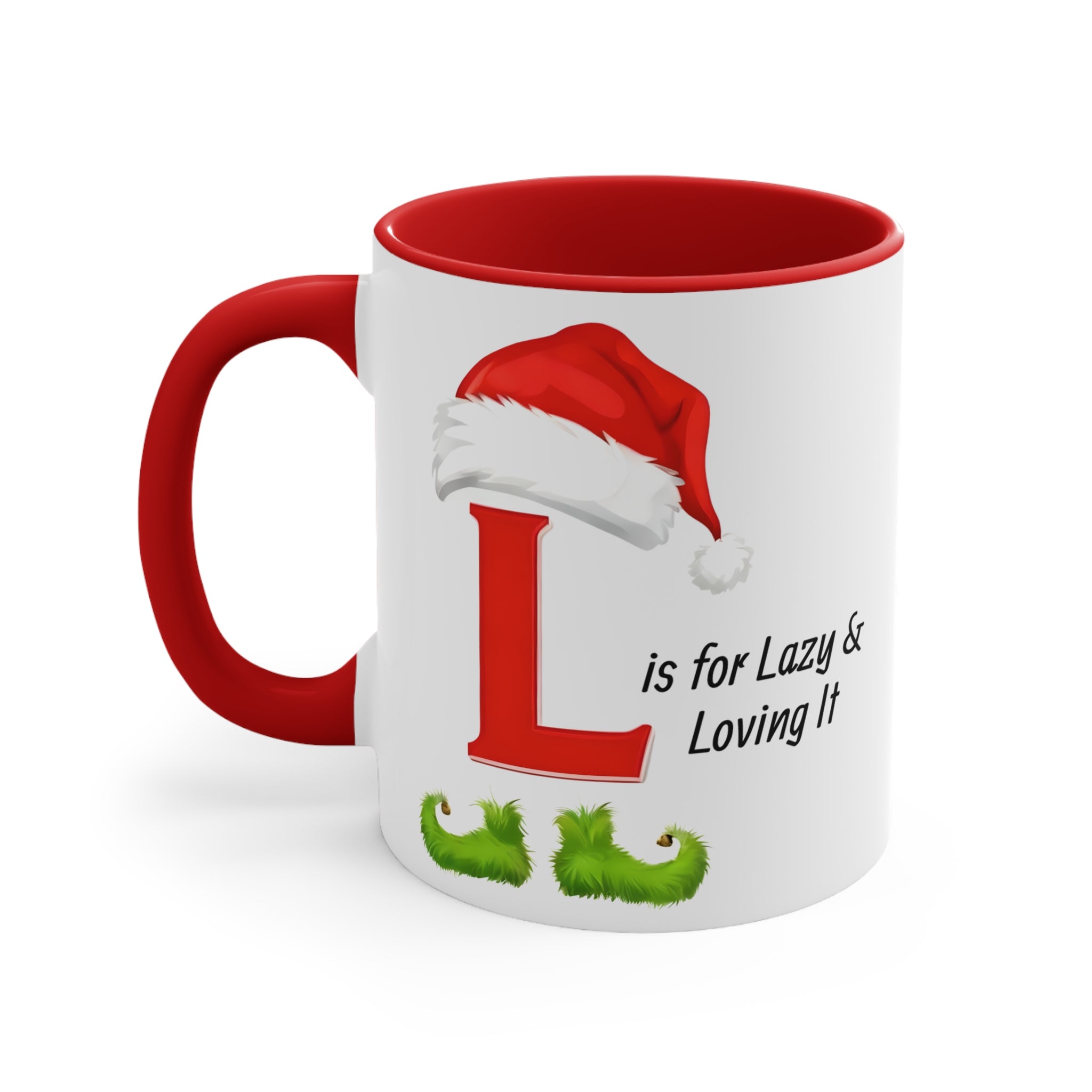 Christmas letter L mug, white with red handle; red L with Santa hat and green curly beard.