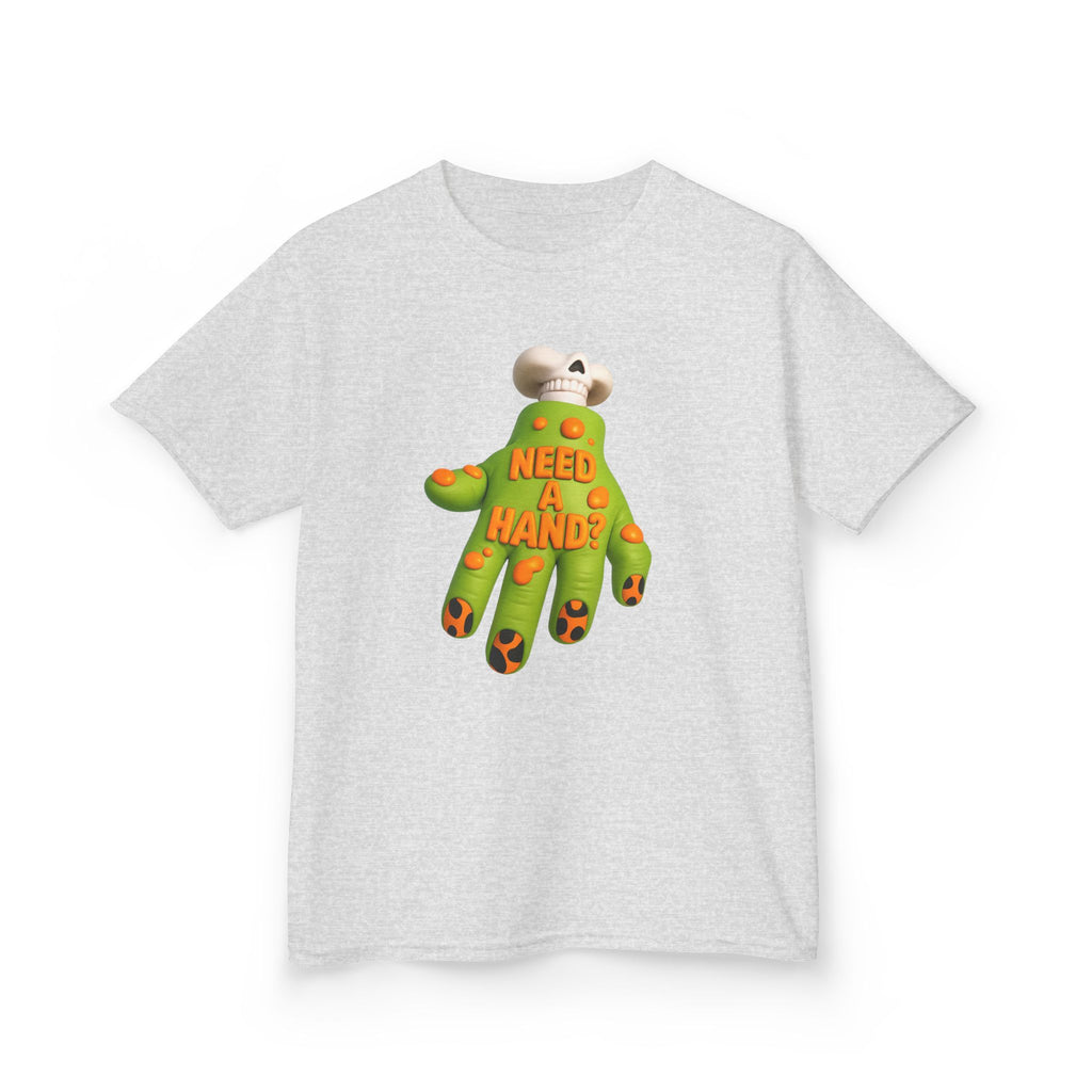 Heather gray kids tee with centered green monster graphic 'NEED A HAND'