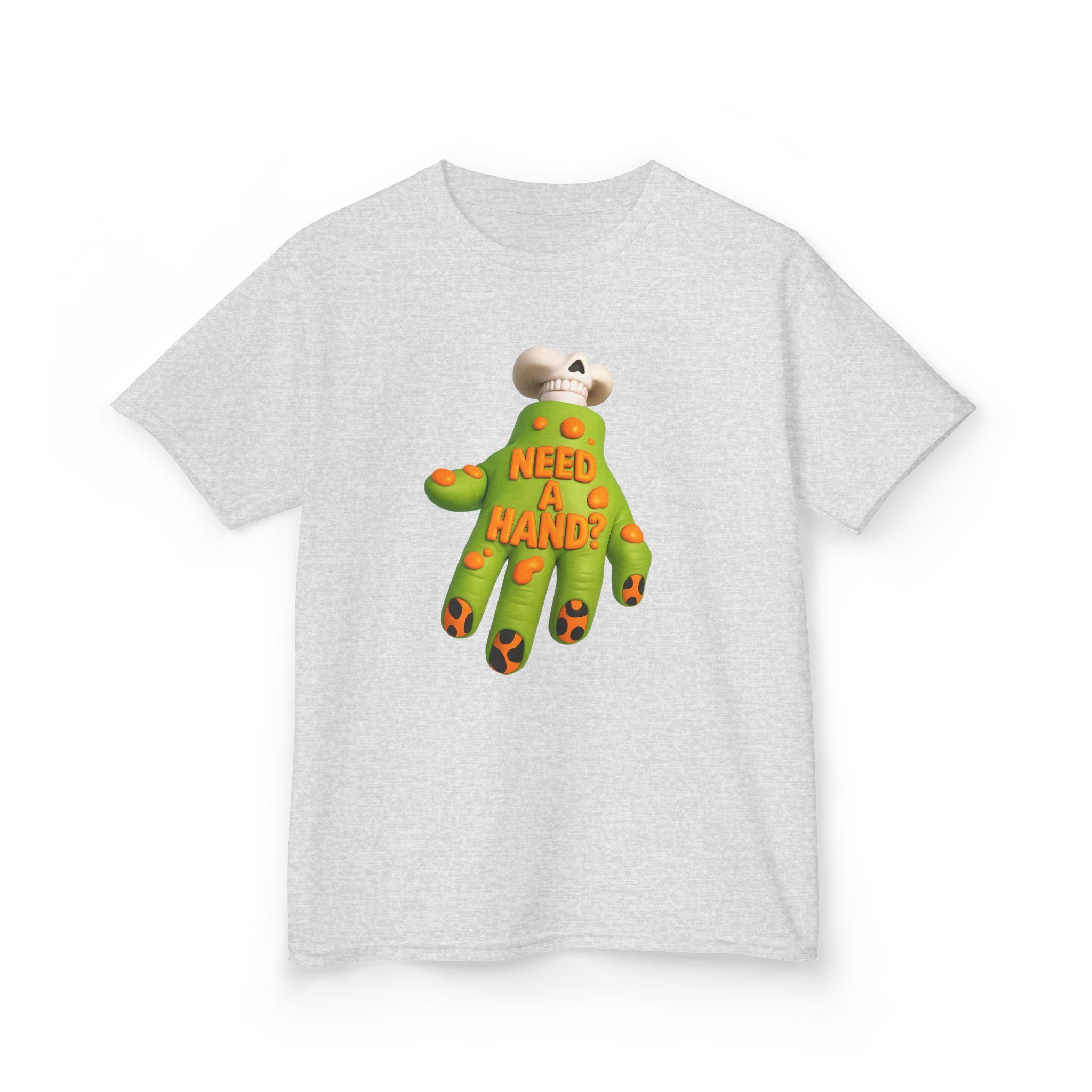 Heather gray kids tee with centered green monster graphic 'NEED A HAND'