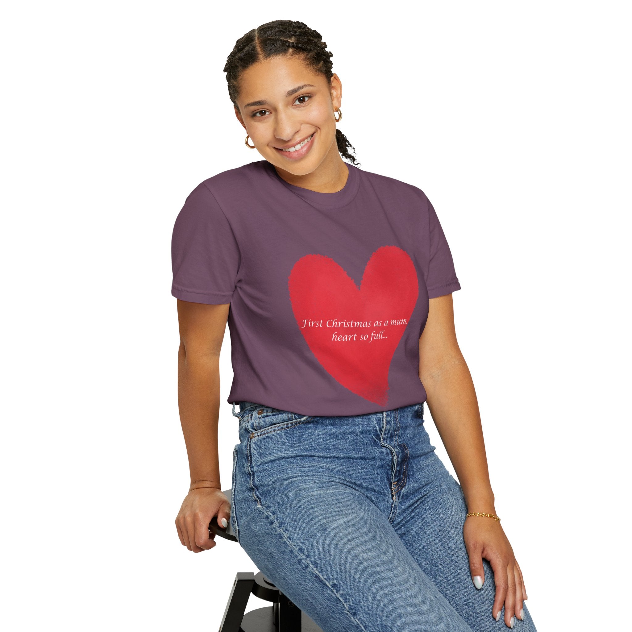 Grape-purple T-shirt with red painted heart graphic and chest script text