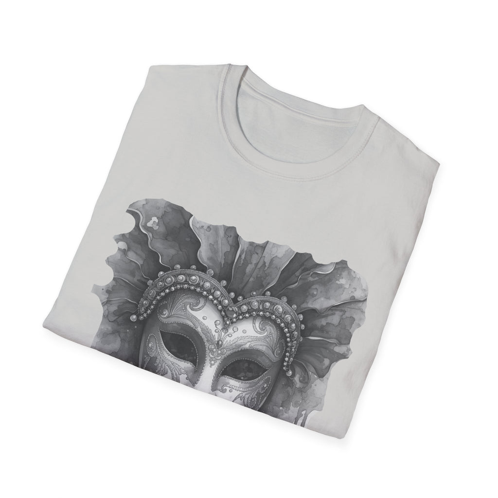 White crewneck t-shirt with large grey masquerade face mask watercolor graphic