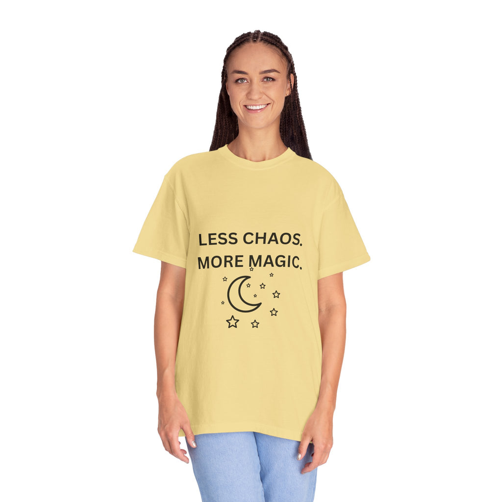 Less Chaos, More Magic T-Shirt — Crescent Moon + Stars Graphic Tee
