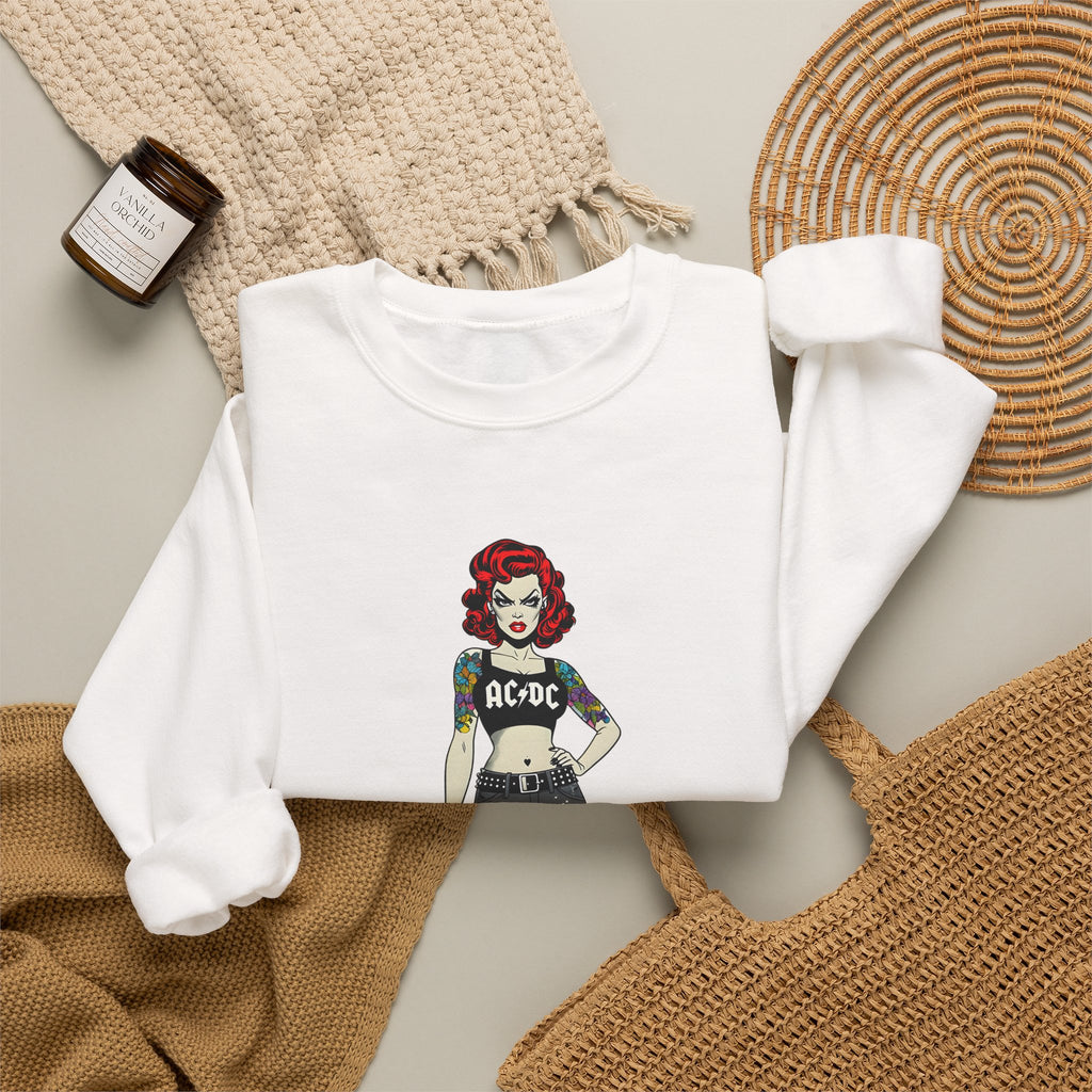 White crewneck sweatshirt with long sleeves and front comic-style rock band graphic