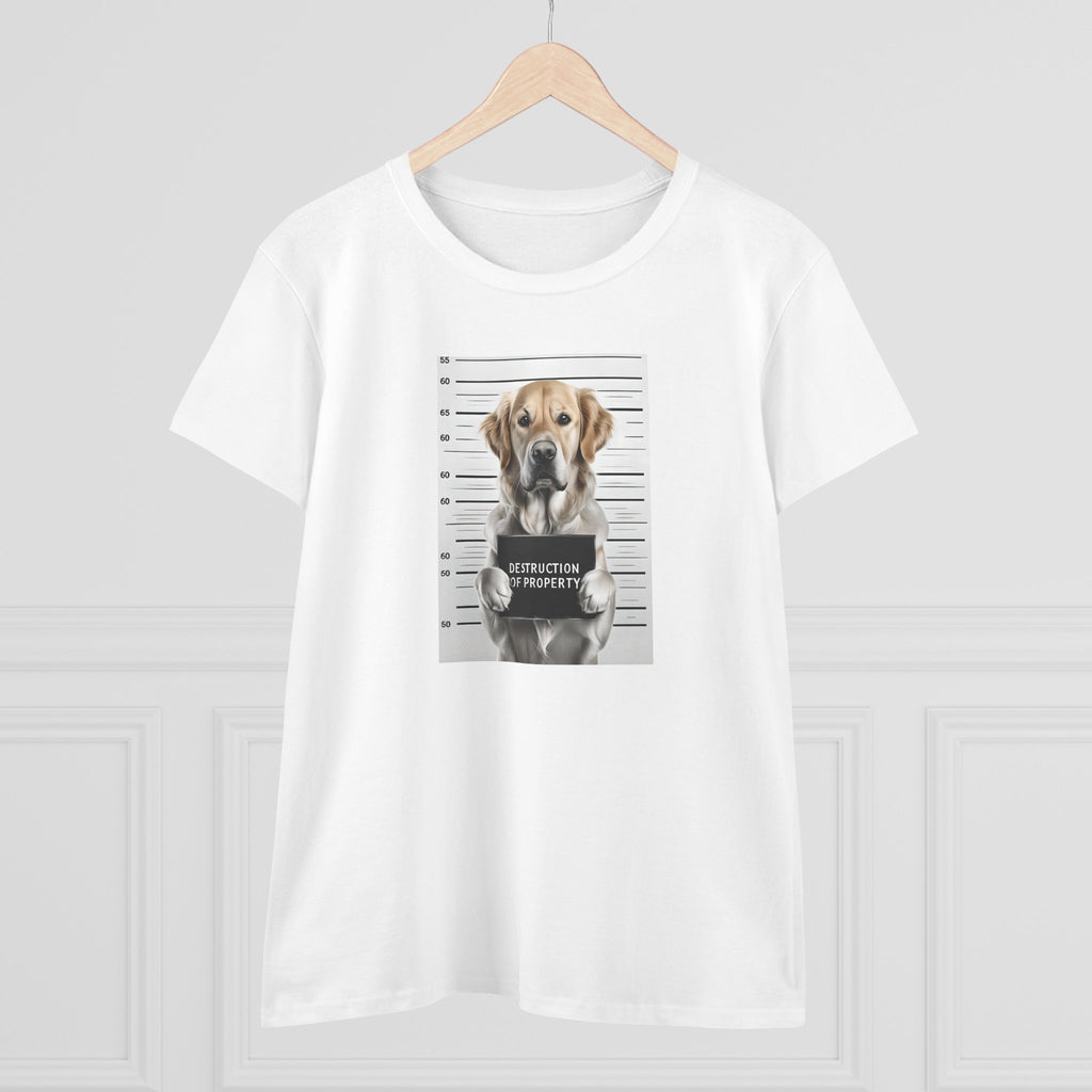 White dog graphic mugshot tee on hanger, crew neck and short sleeves