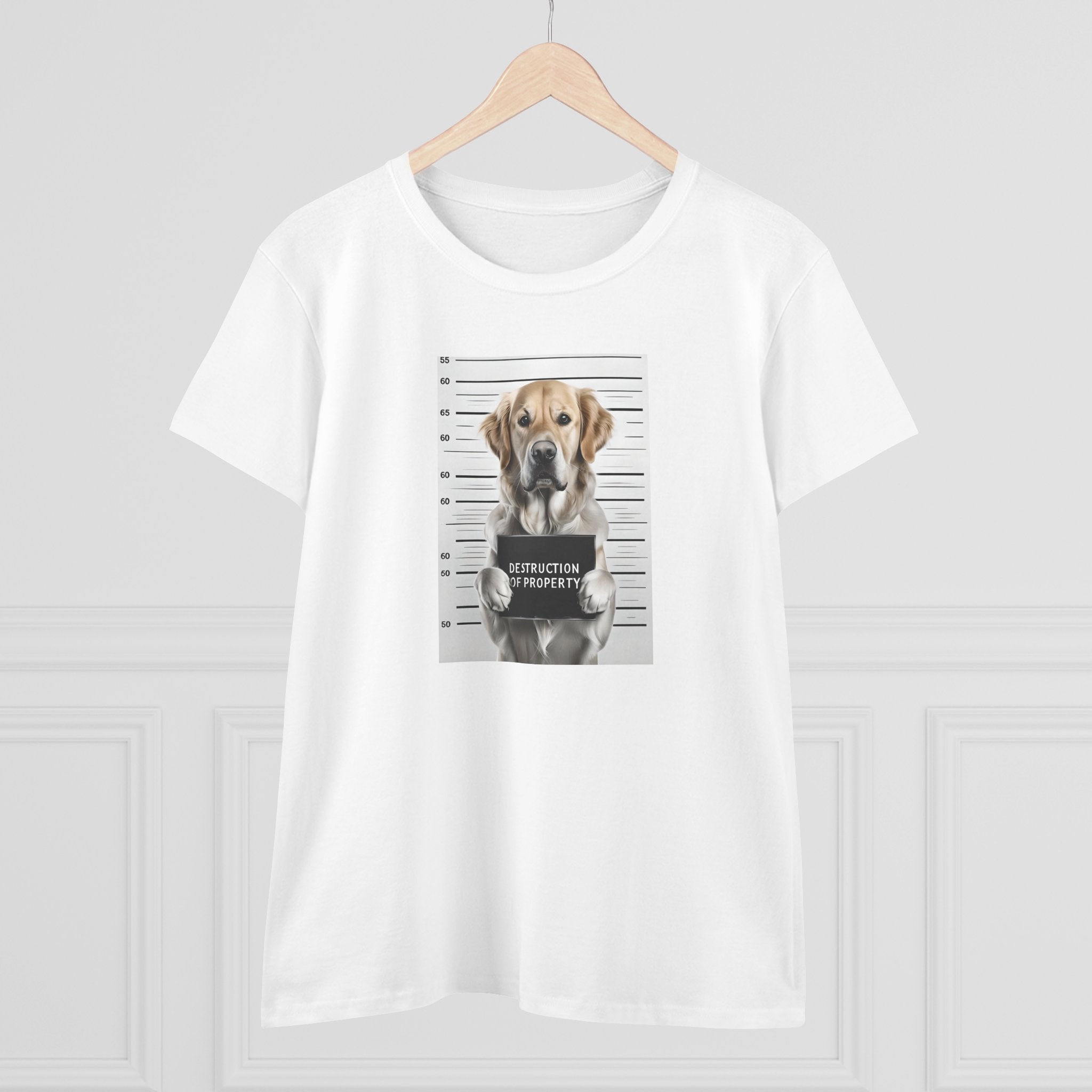White dog graphic mugshot tee on hanger, crew neck and short sleeves
