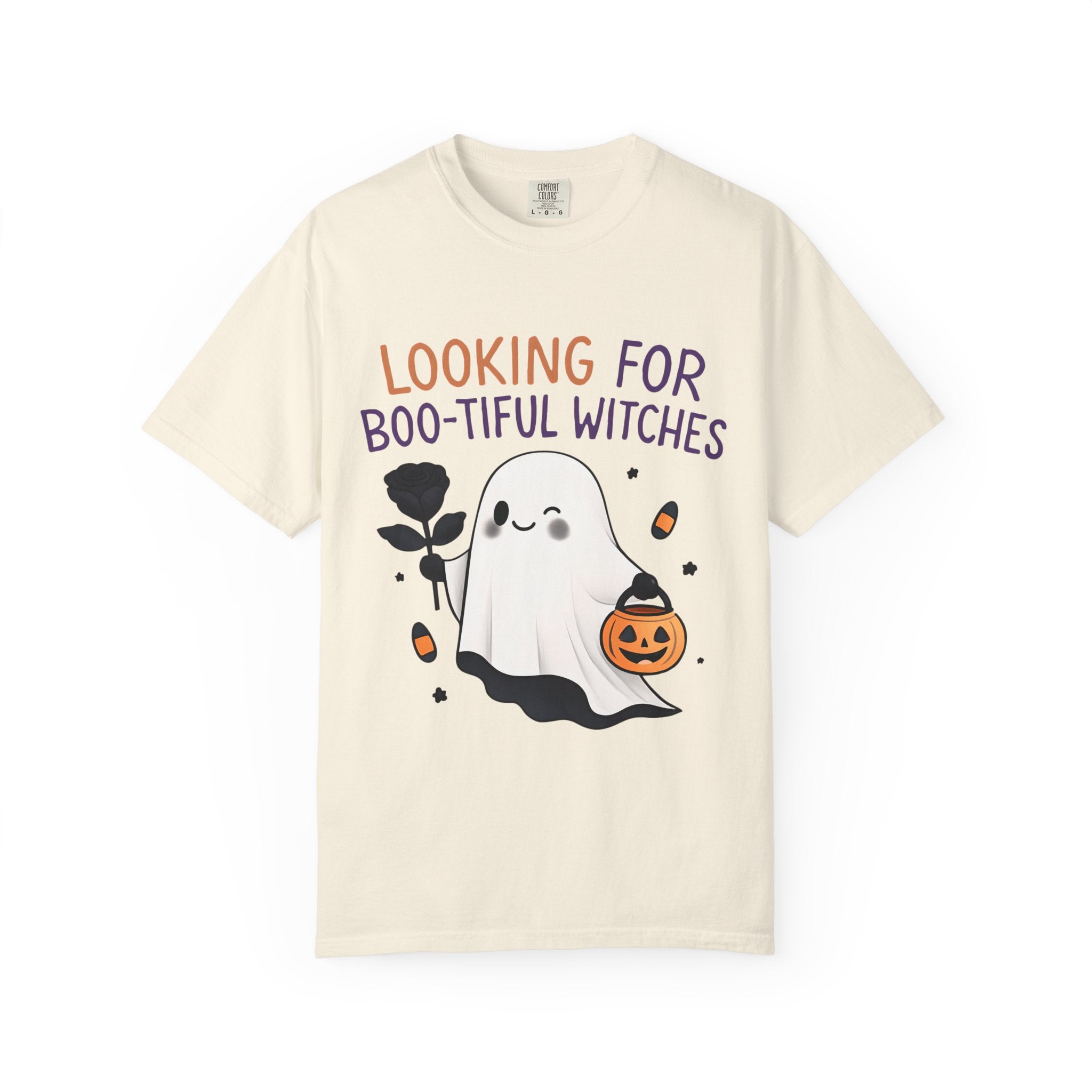 Ivory unisex graphic T-shirt with cute ghost witch and 'Boo-tiful Witches' text