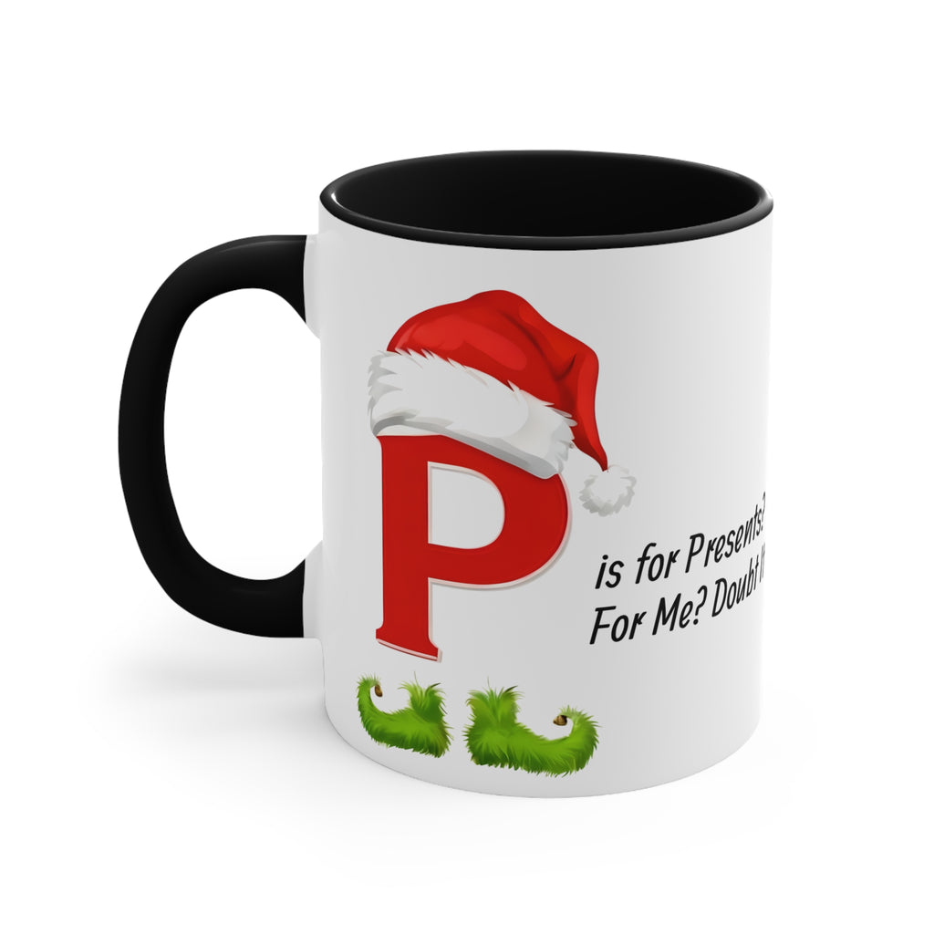 Ceramic mug with white body, black handle and dark interior, red letter P holiday design.