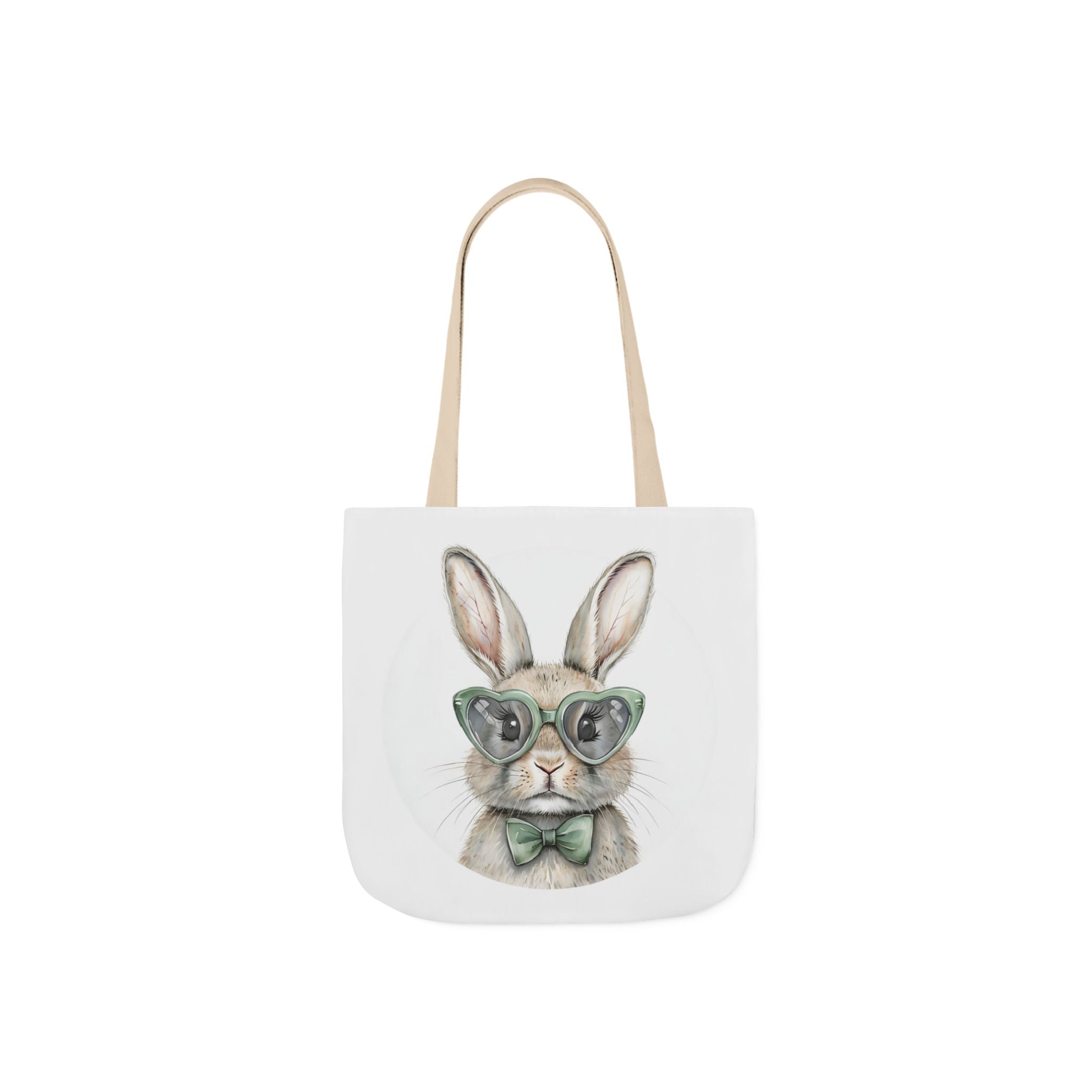 Front-facing canvas tote bag with bunny face print and light-beige strap