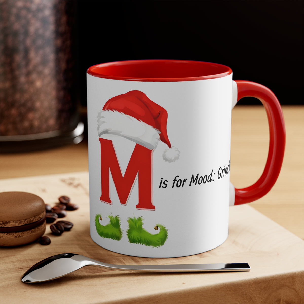 Letter M Christmas mug with red handle and rim, red hat and green whiskers graphics