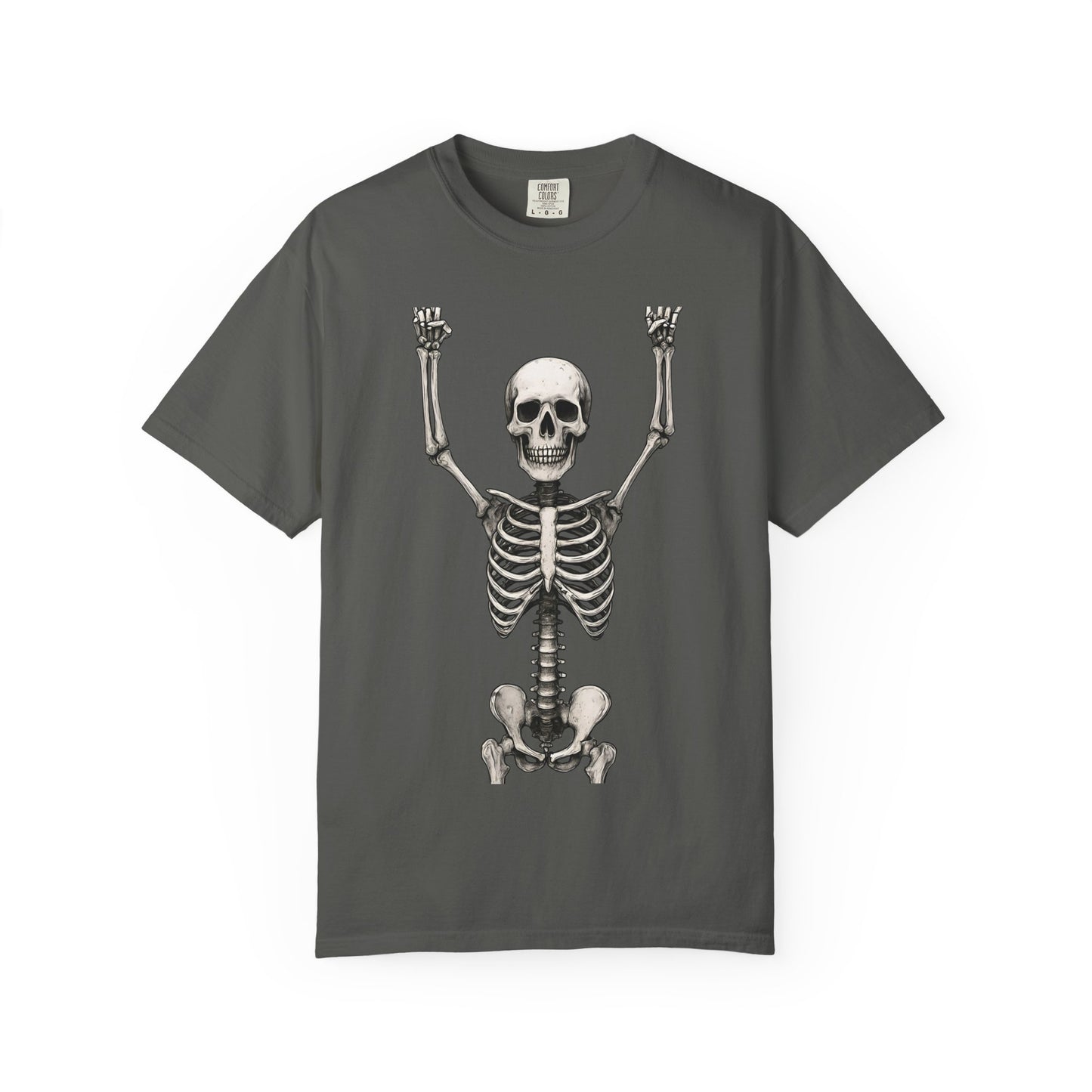 Hands Up Skeleton Graphic T-shirt, Unisex Vintage Tee for Halloween, Casual Wear, Skeleton Art, Gift for Spooky Lovers, Festival Apparel