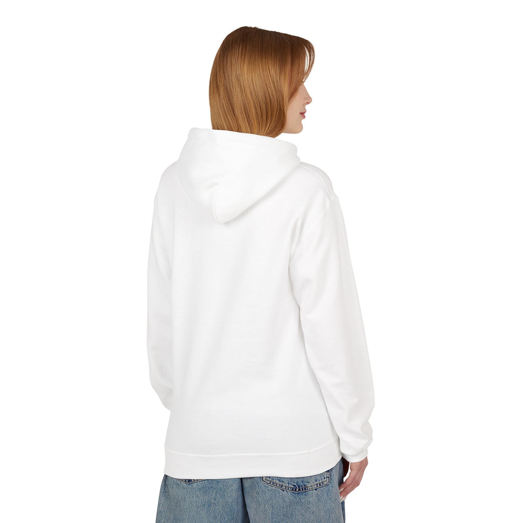 White hoodie back view with pullover hood and relaxed fit