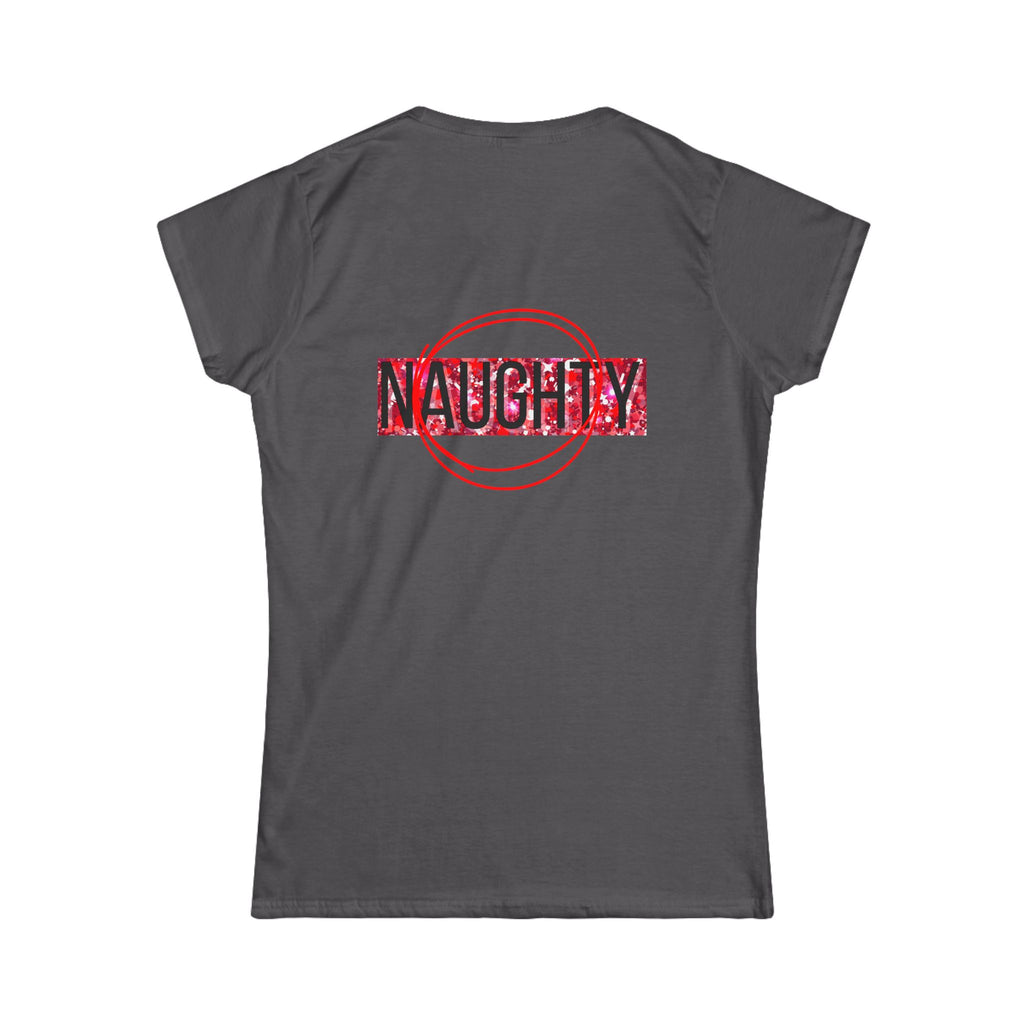 Women's tee with 'NAUGHTY' graphic, dark gray shirt with red stamp
