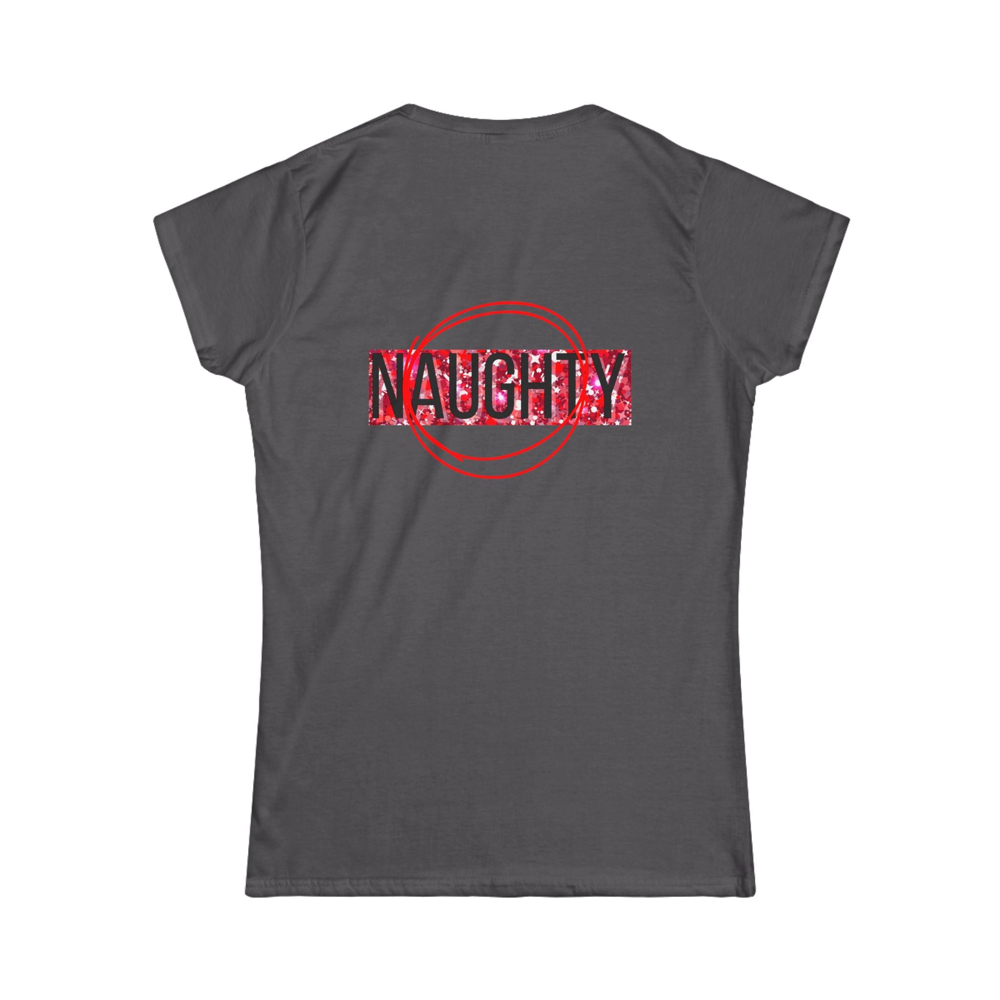 Women's tee with 'NAUGHTY' graphic, dark gray shirt with red stamp