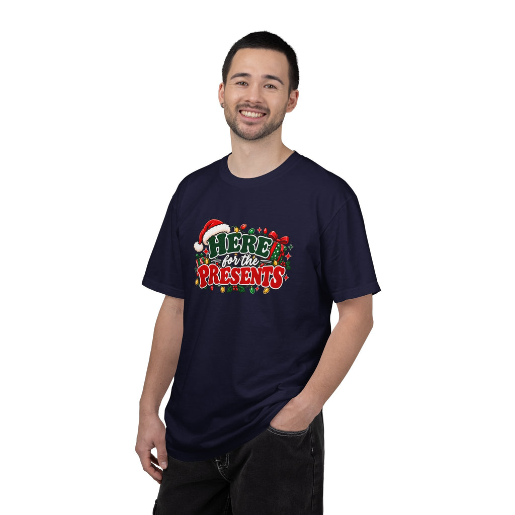 Navy crew-neck T-shirt with holiday graphic "Here for the Presents"