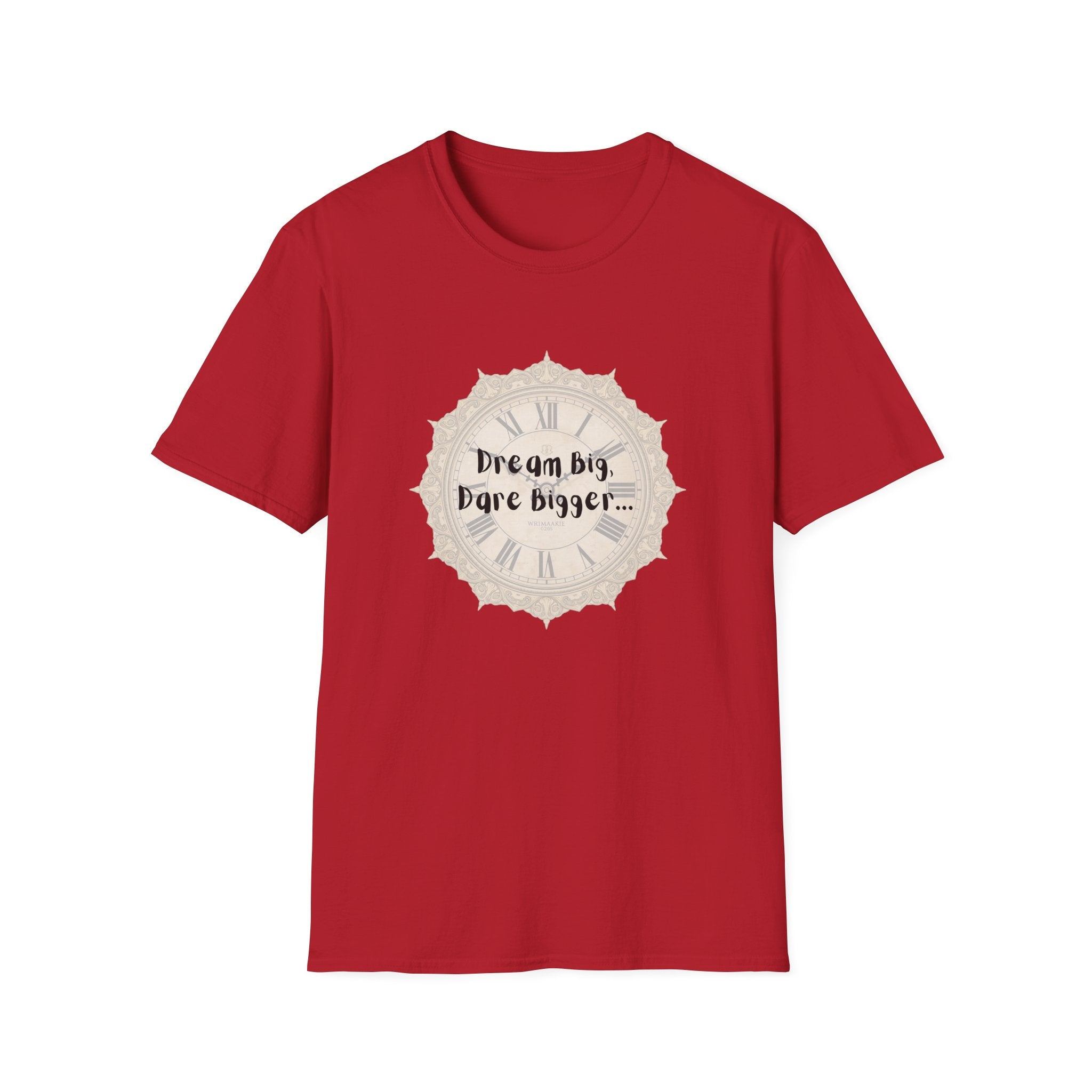 Red crew-neck T-shirt with front clock graphic and “Dream Big, Dare Bigger…” text