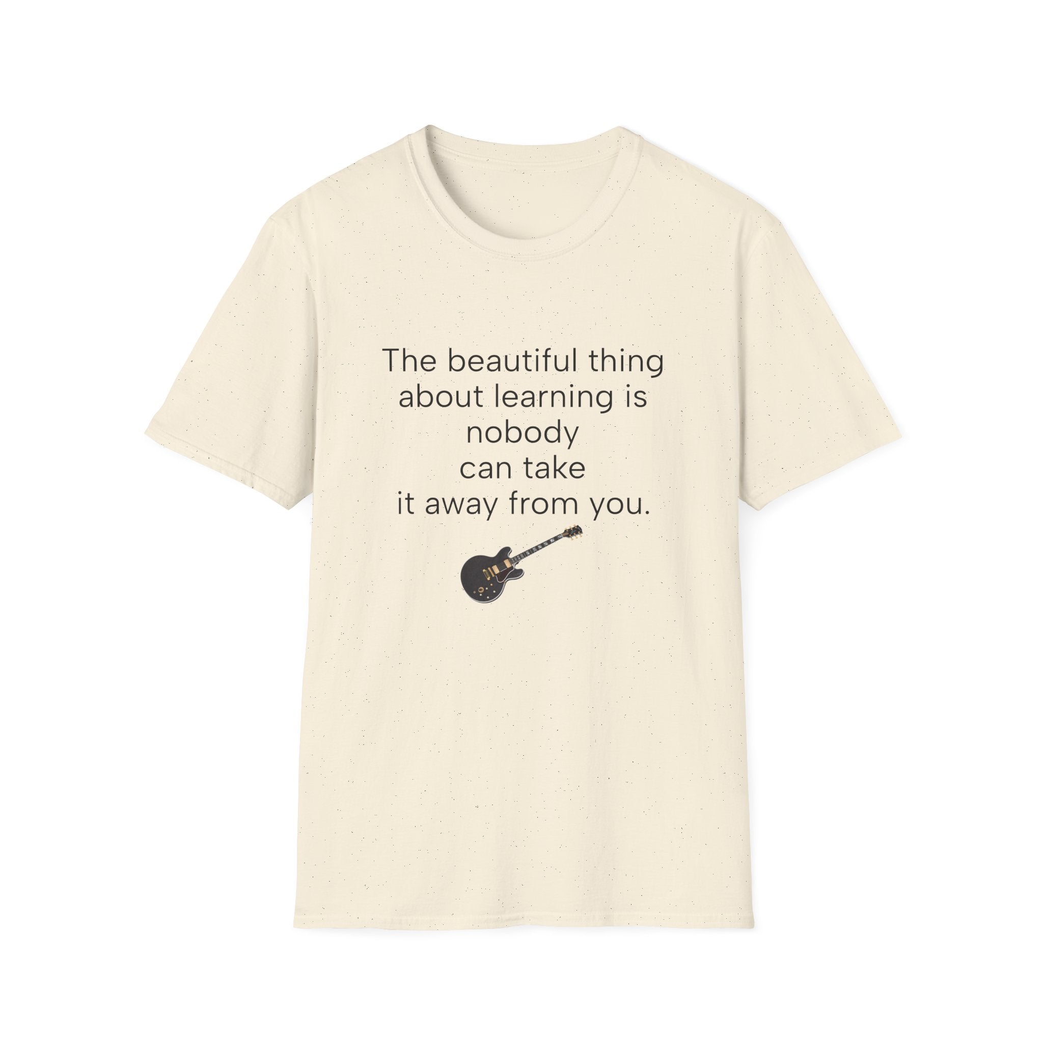 Natural beige unisex T-shirt with learning quote text and guitar graphic on front