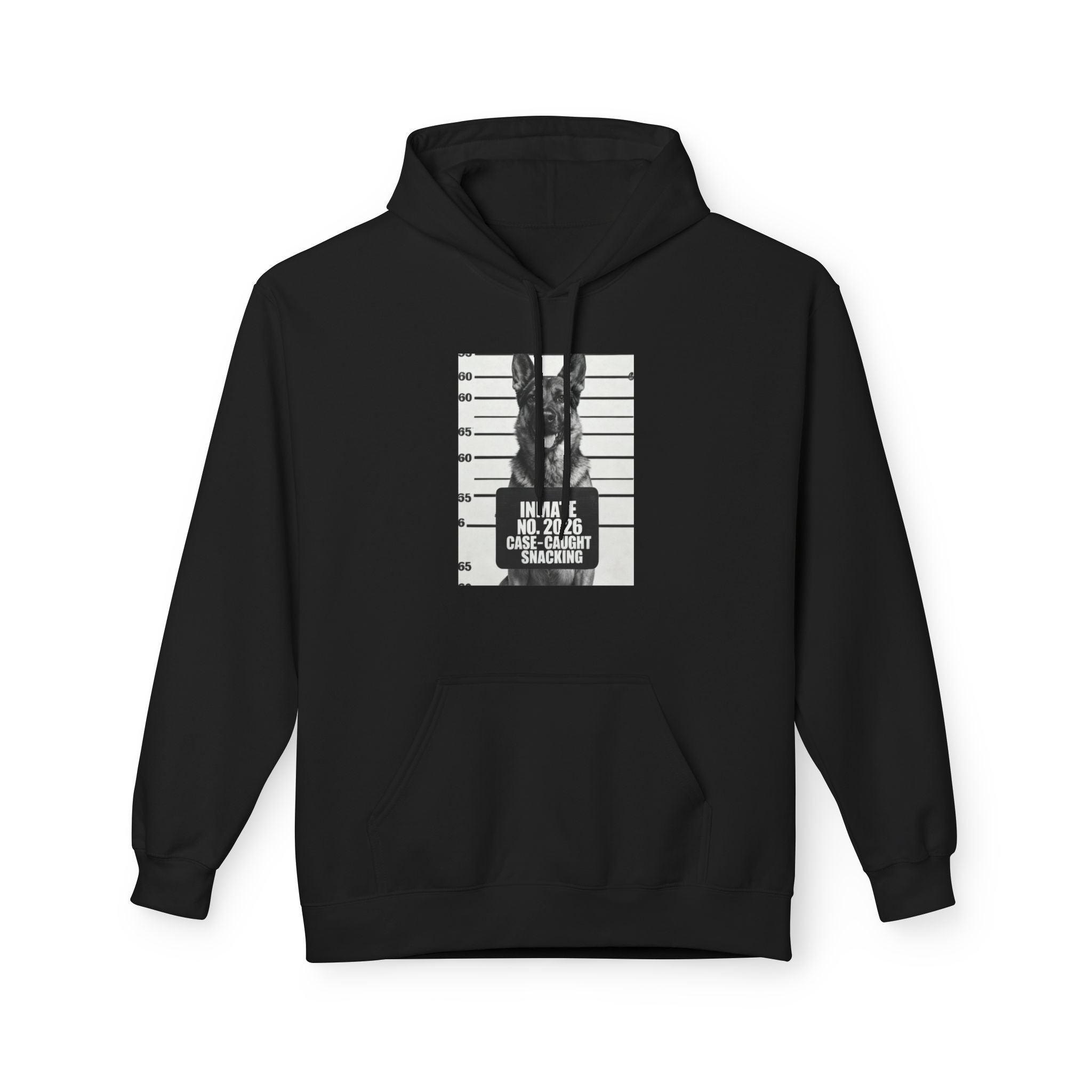 Black hoodie with front pouch and German shepherd mugshot graphic, hood up.