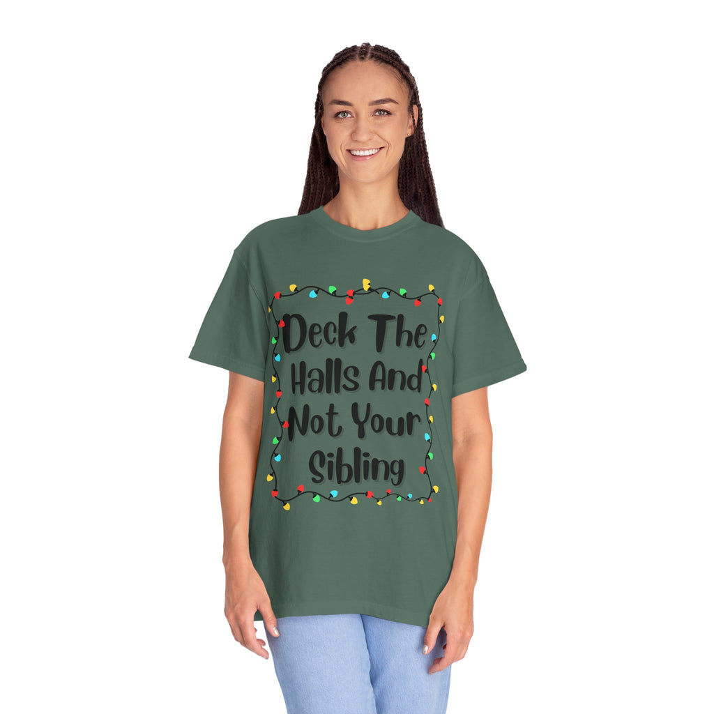 Green crewneck T-shirt on model with front holiday lights text print