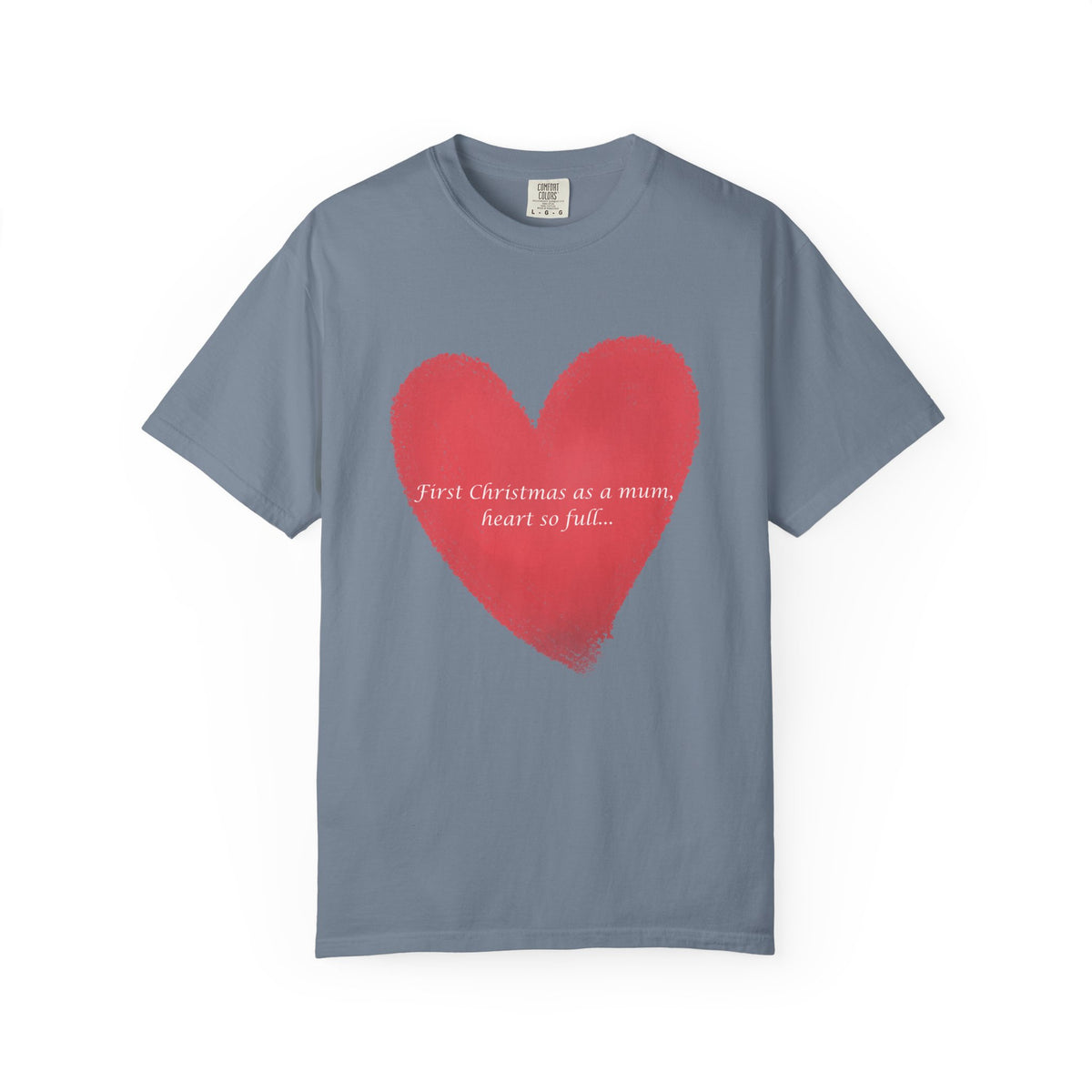 Slate blue T-shirt with red brushstroke heart graphic and cursive text across front