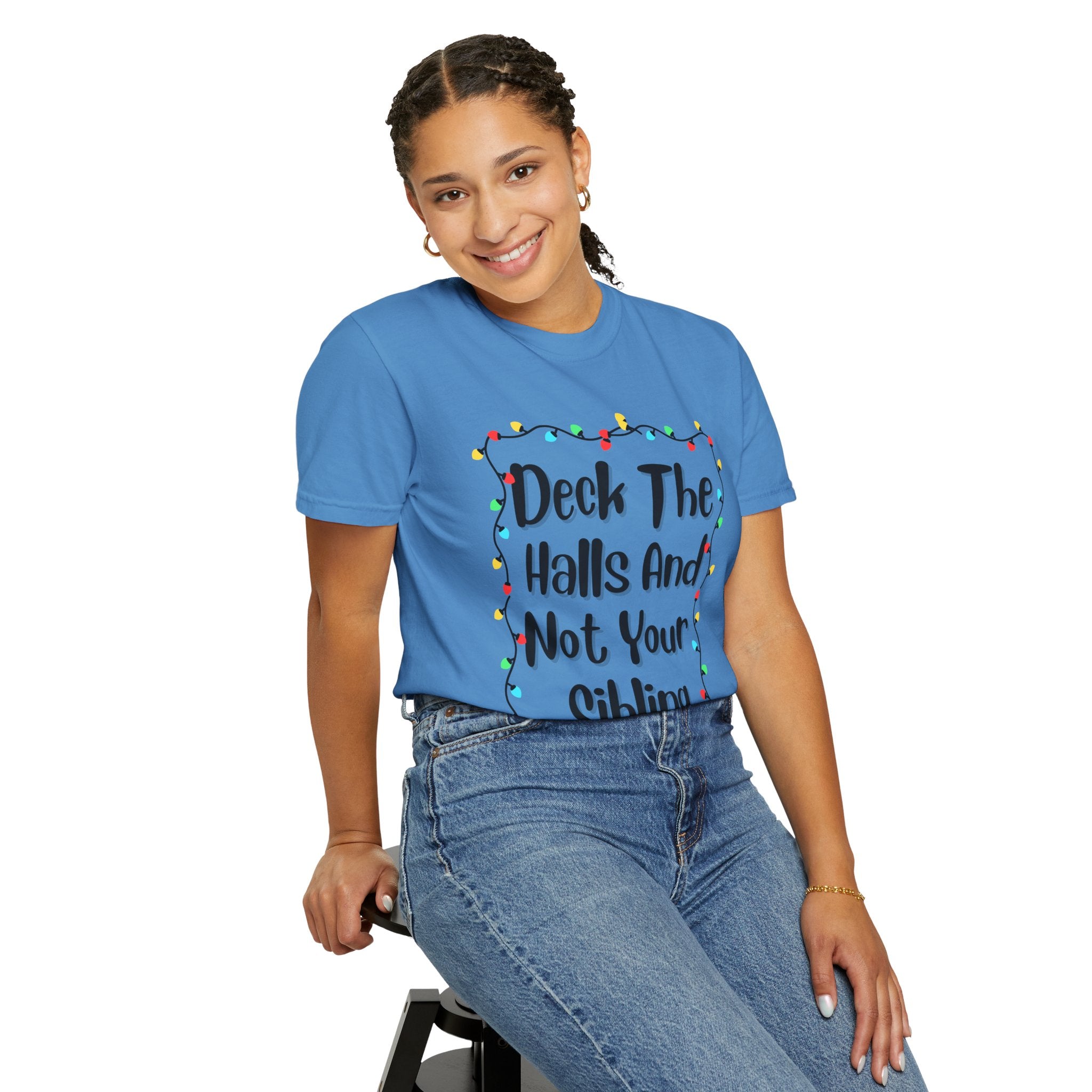 Blue graphic Christmas T-shirt with colorful light strands and front text