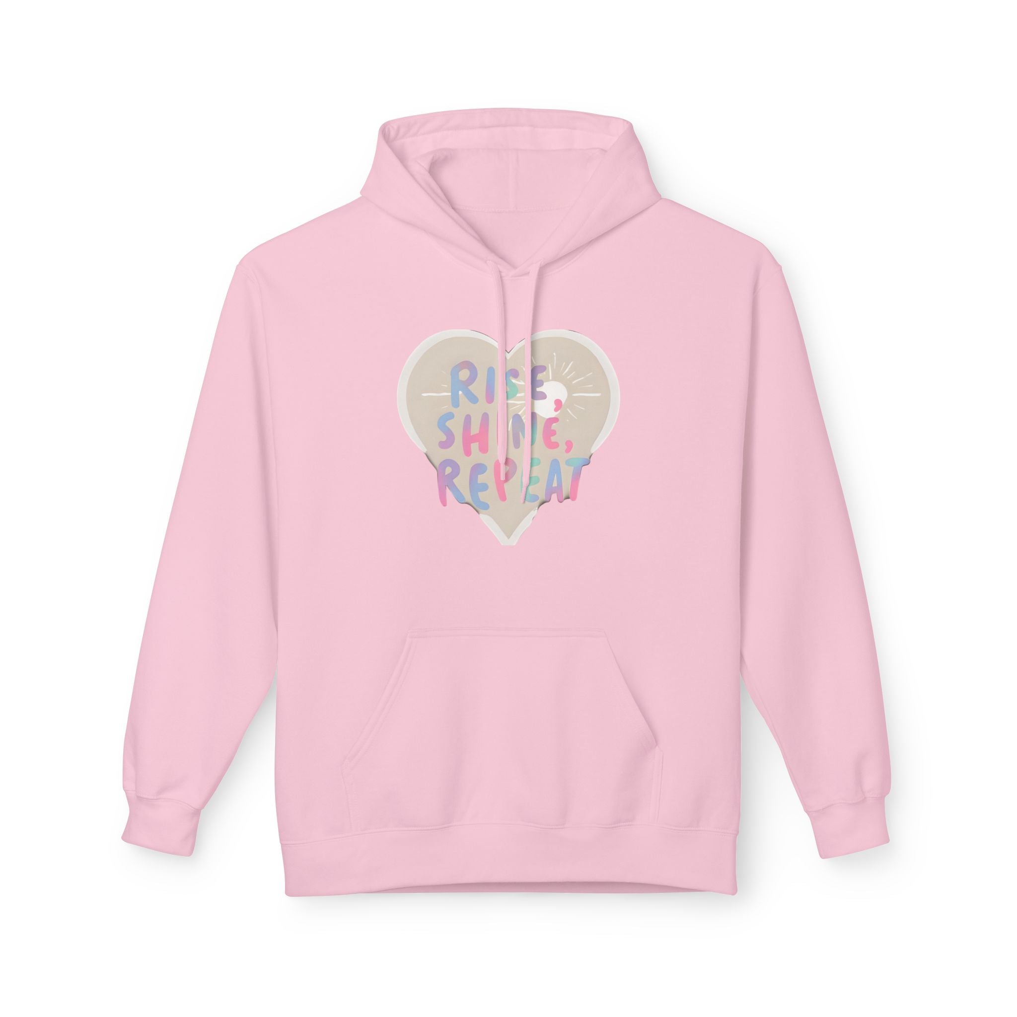 Light pink hoodie with drawstring hood, front pocket, and heart "Rise Shine Repeat" graphic