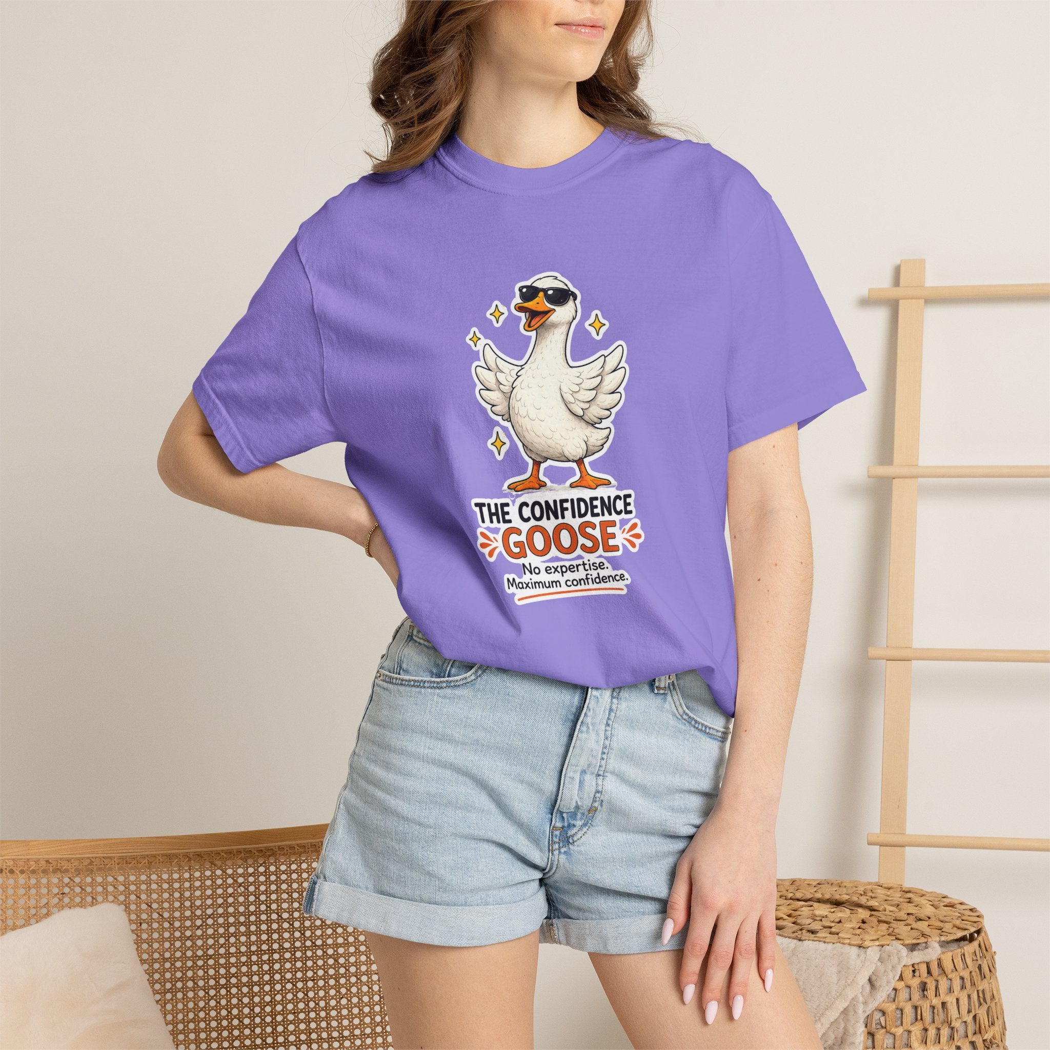 Purple goose graphic T-shirt with motivational text
