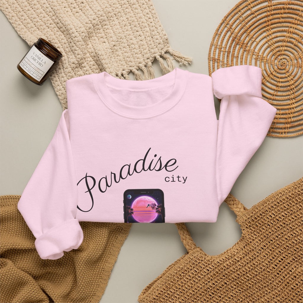 Light pink crewneck sweatshirt, flat lay, centered phone graphic on chest