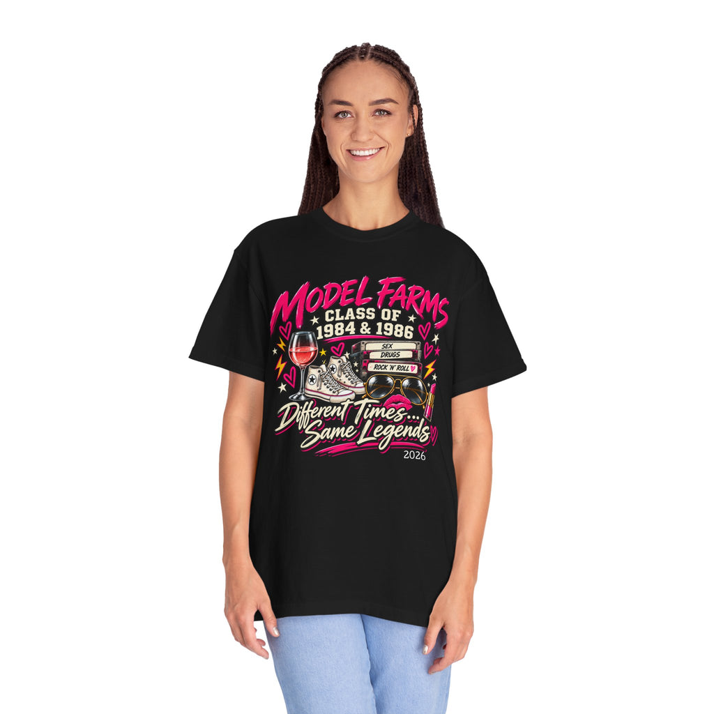 Black crewneck graphic T-shirt with large front emblem and text