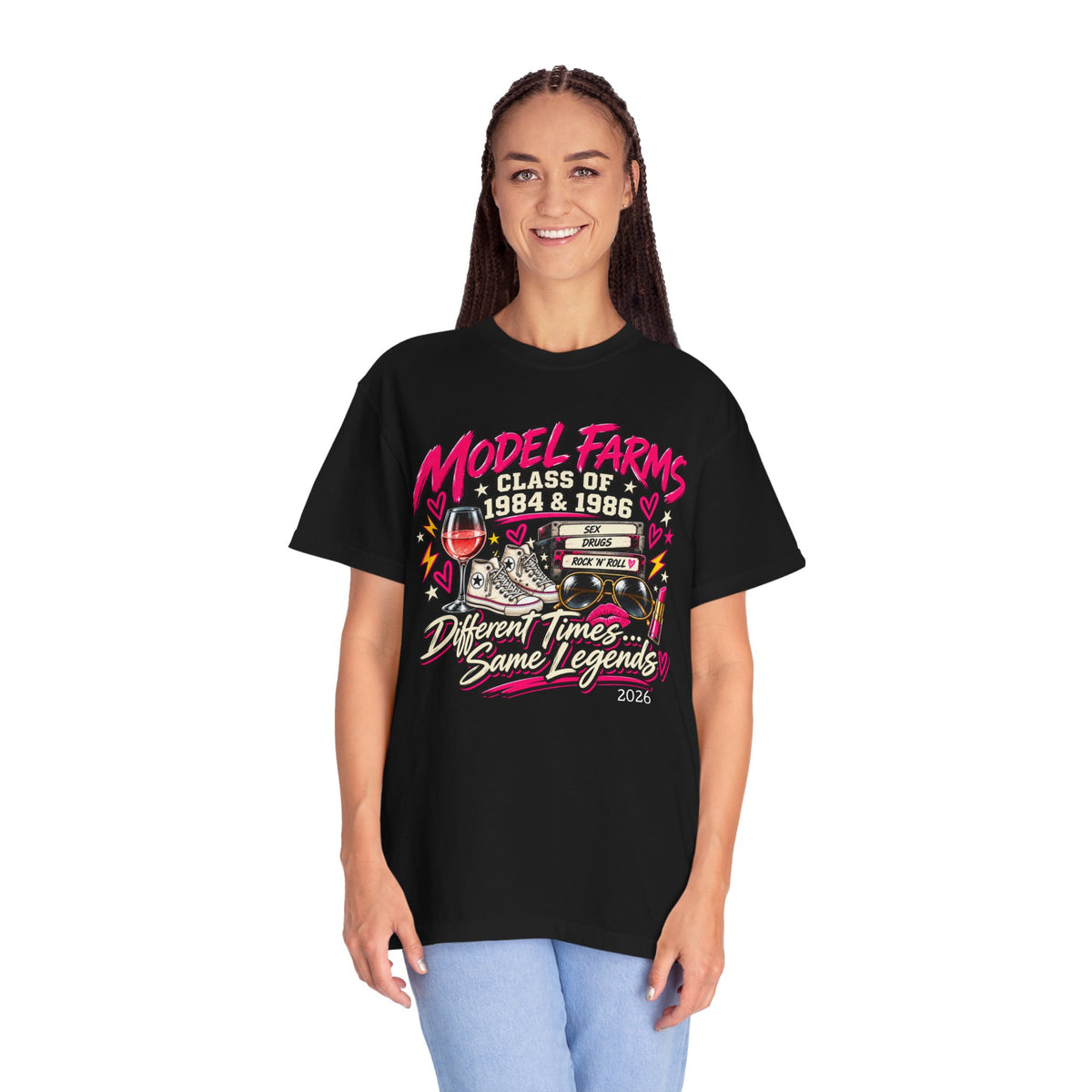 Black crewneck graphic T-shirt with large front emblem and text