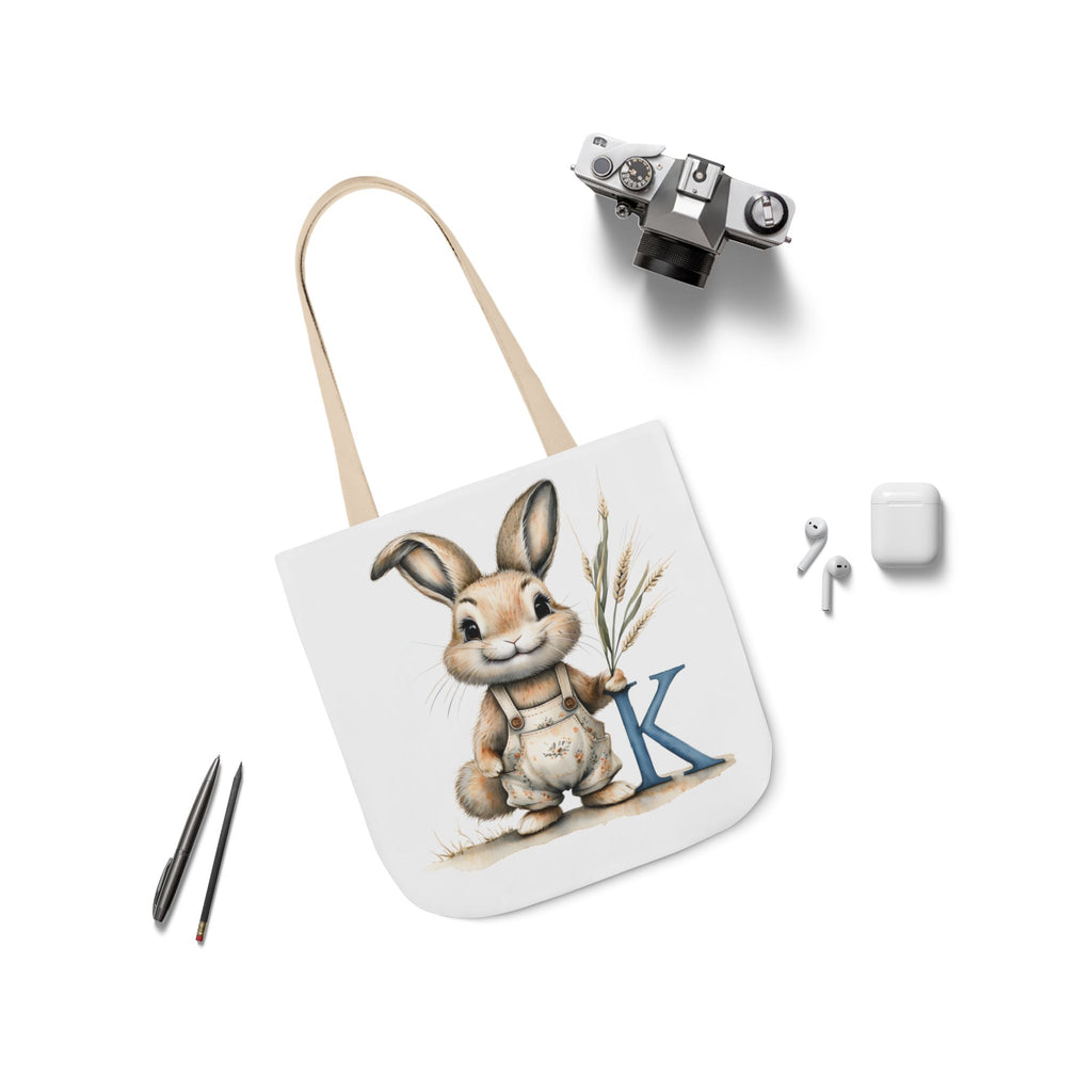 Whimsical Letter K Bunny Canvas Tote Bag, Perfect for Spring, Easter, Gardening, Eco-Friendly Shopping, Cute Animal Design