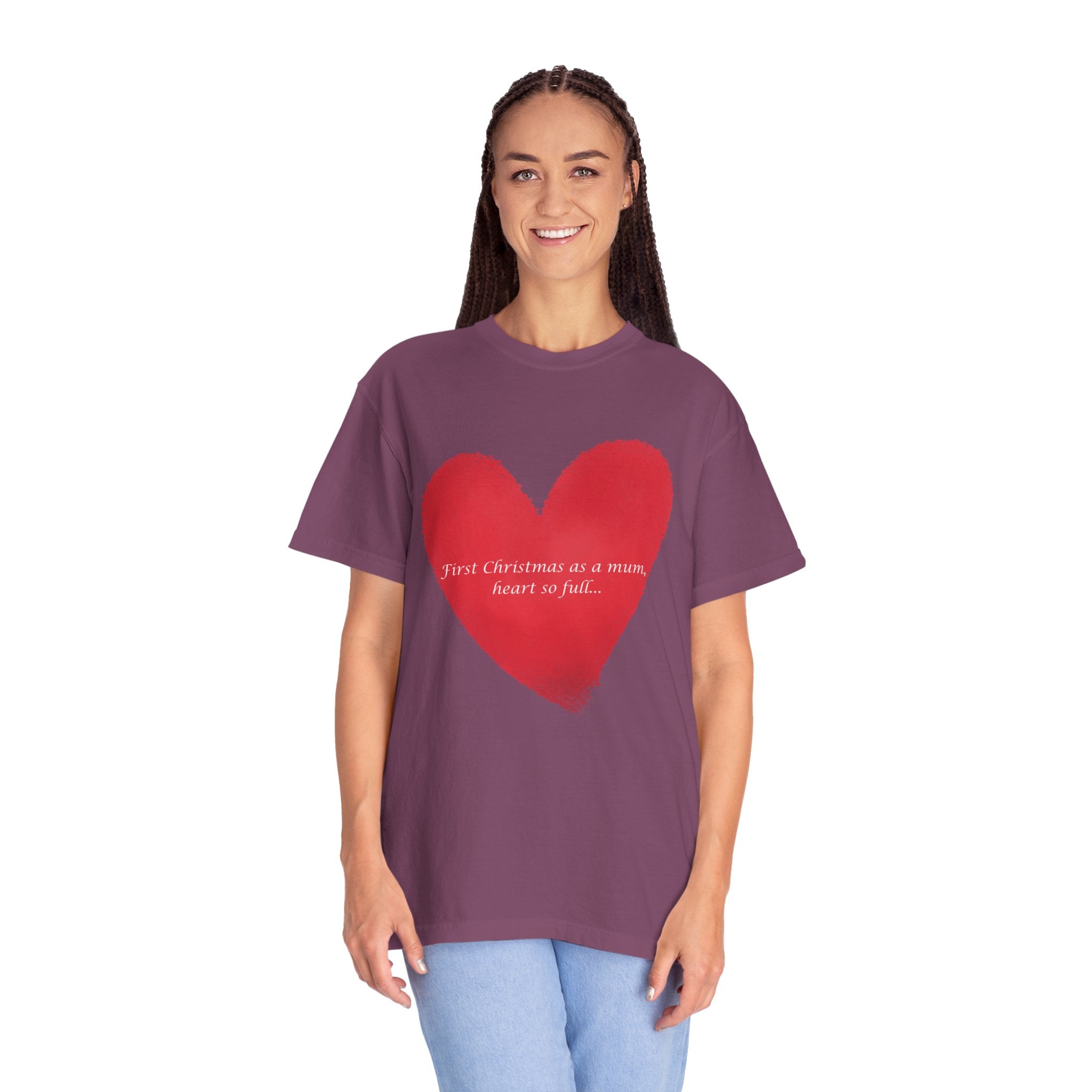 Berry/purple heart graphic T-shirt with red brushstroke heart and “First Christmas…” text