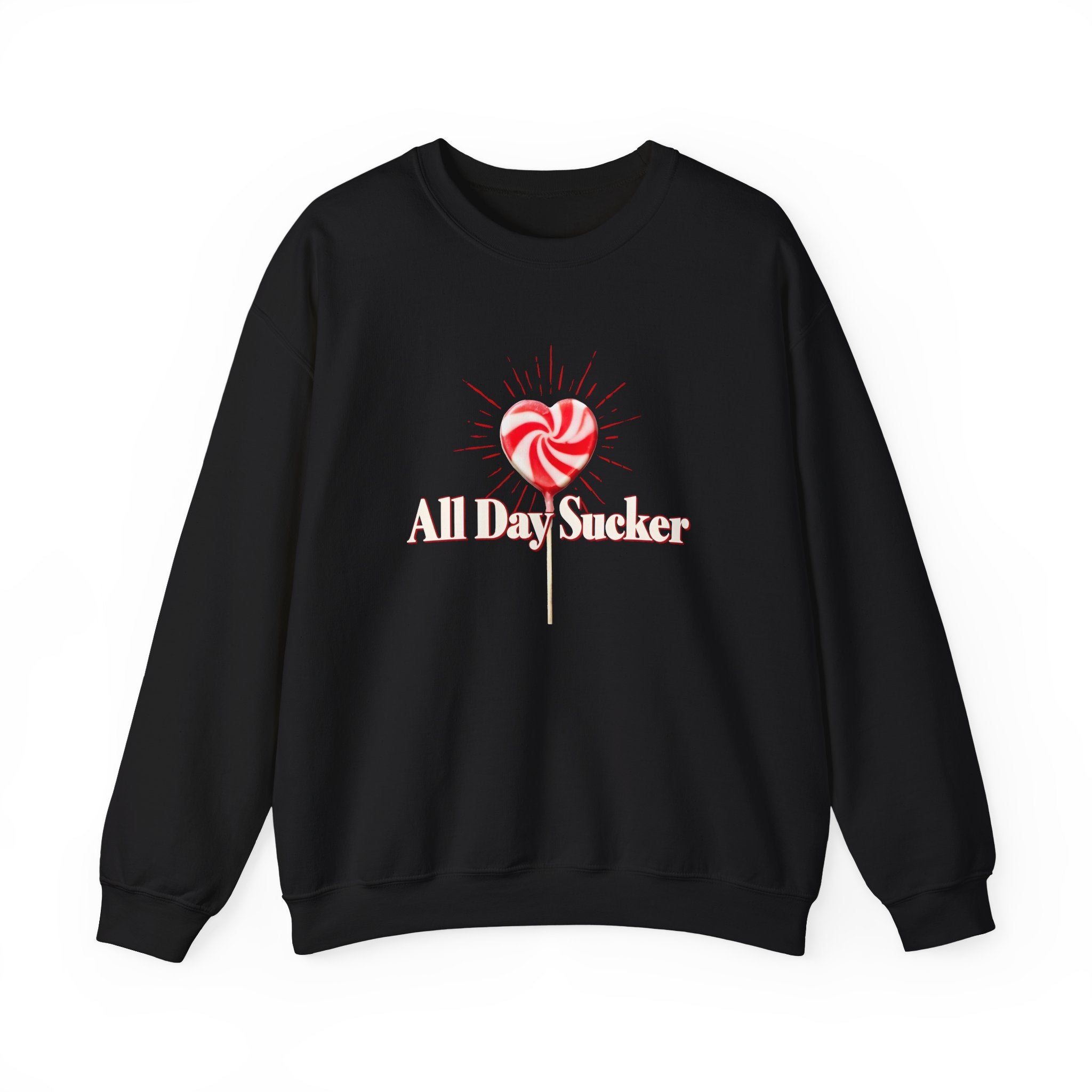 Black graphic lollipop heart sweatshirt with red and white candy design