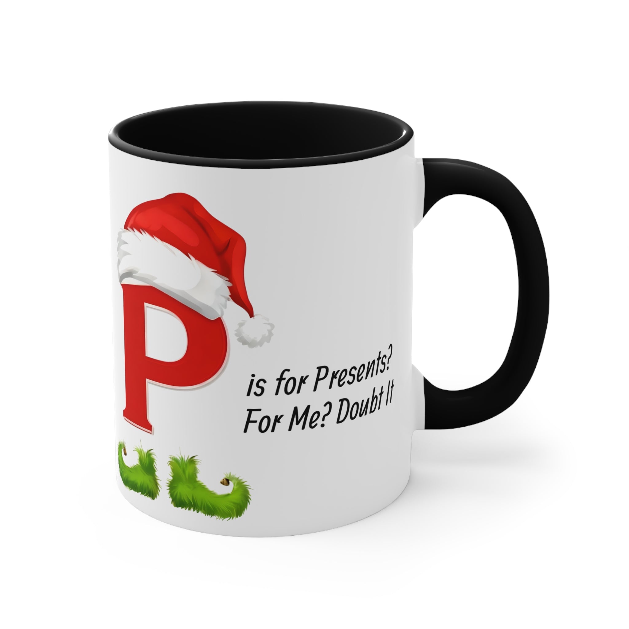 White coffee mug with black handle and black inside; Santa-hat letter P holiday text.