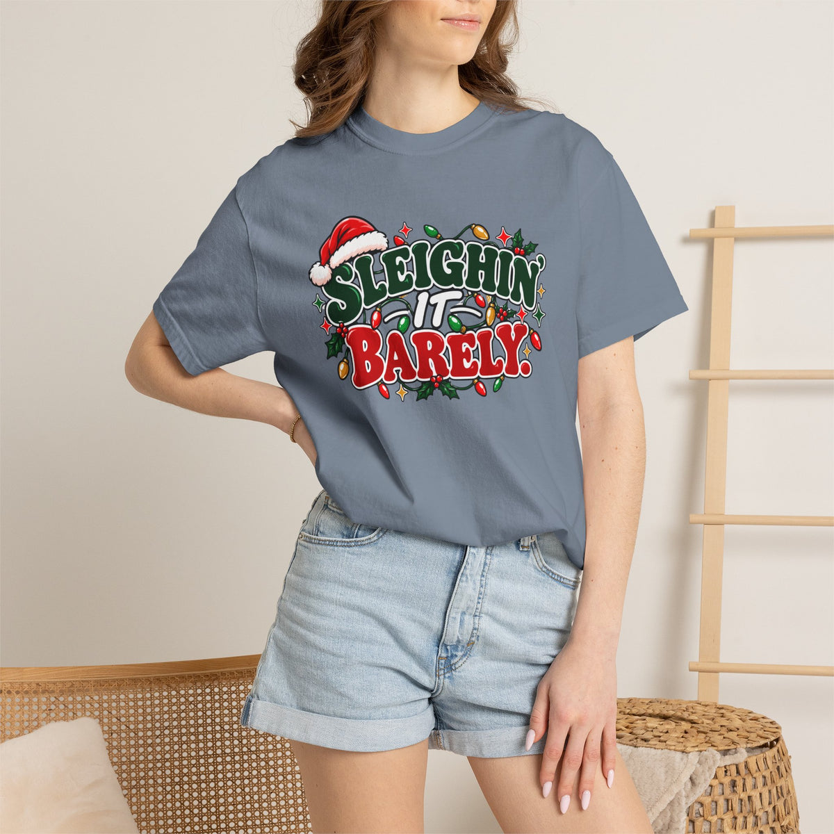 Blue jean crew-neck T-shirt with 'Sleighin' It Barely' front holiday graphic