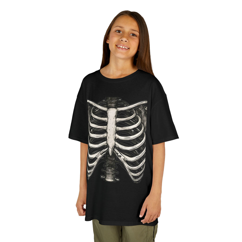 Kids skeleton ribcage graphic t-shirt in black, crew neck and short sleeves